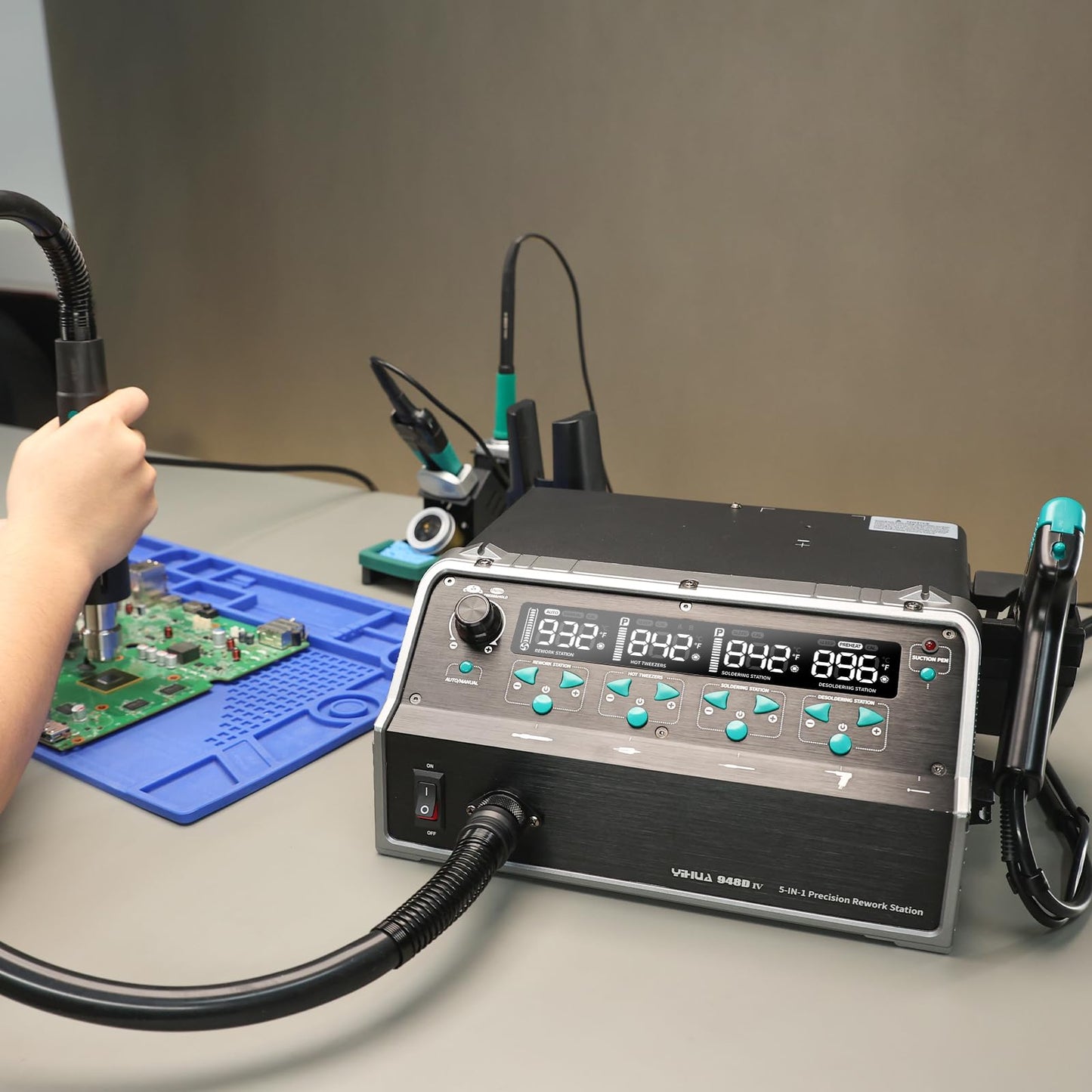 YIHUA 948D IV 5-IN-1 Micro Soldering 1000W Hot Air Rework Desoldering Station with C245 Microsoldering Iron, Hot Tweezers Iron, Desoldering Tool, Suction Pen for BGA SMD Reflow Under the Microscope