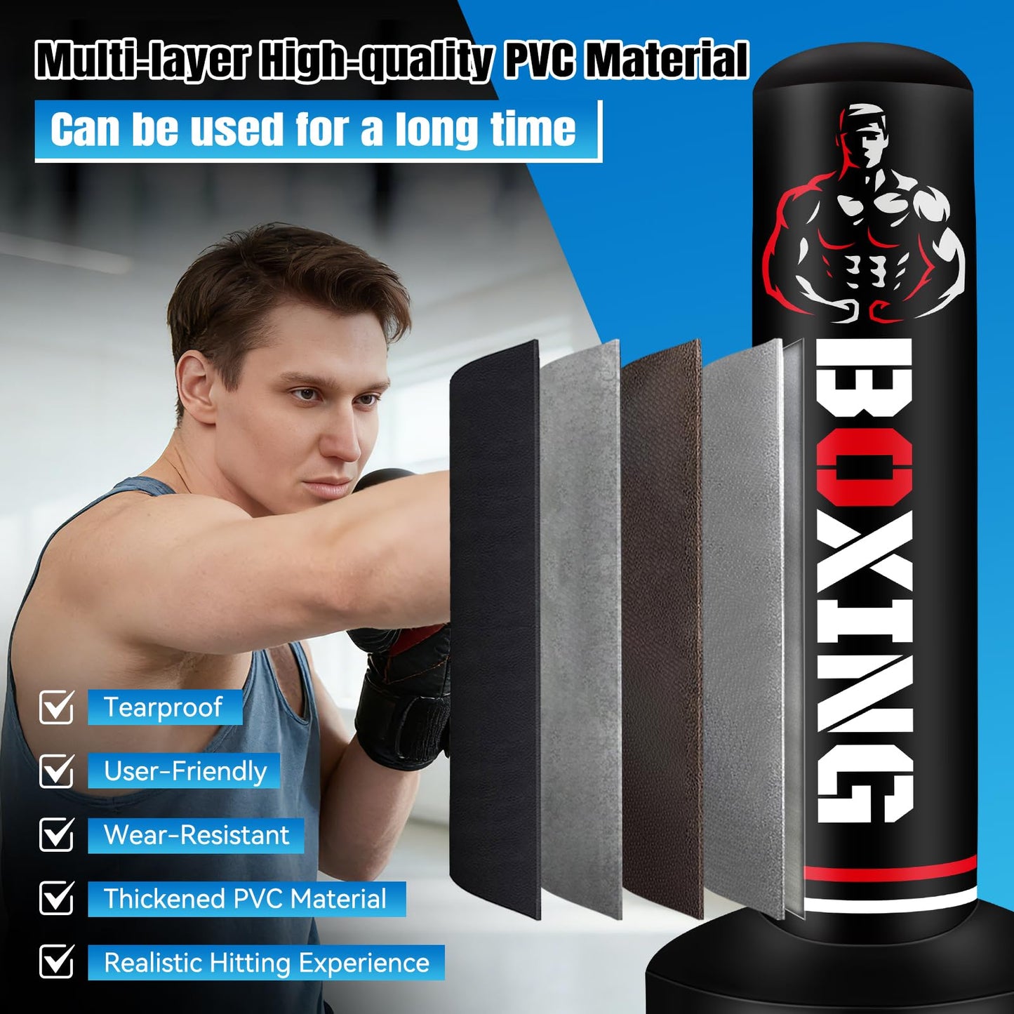Upgraded Freestanding Punching Bag for Adults Teens, 70" Standing Punching Bag Heavy Boxing Bag Set with 12 OZ Gloves, Air Pump, Kicking Bags for MMA Karate Kickboxing Boxing Home Gym Training