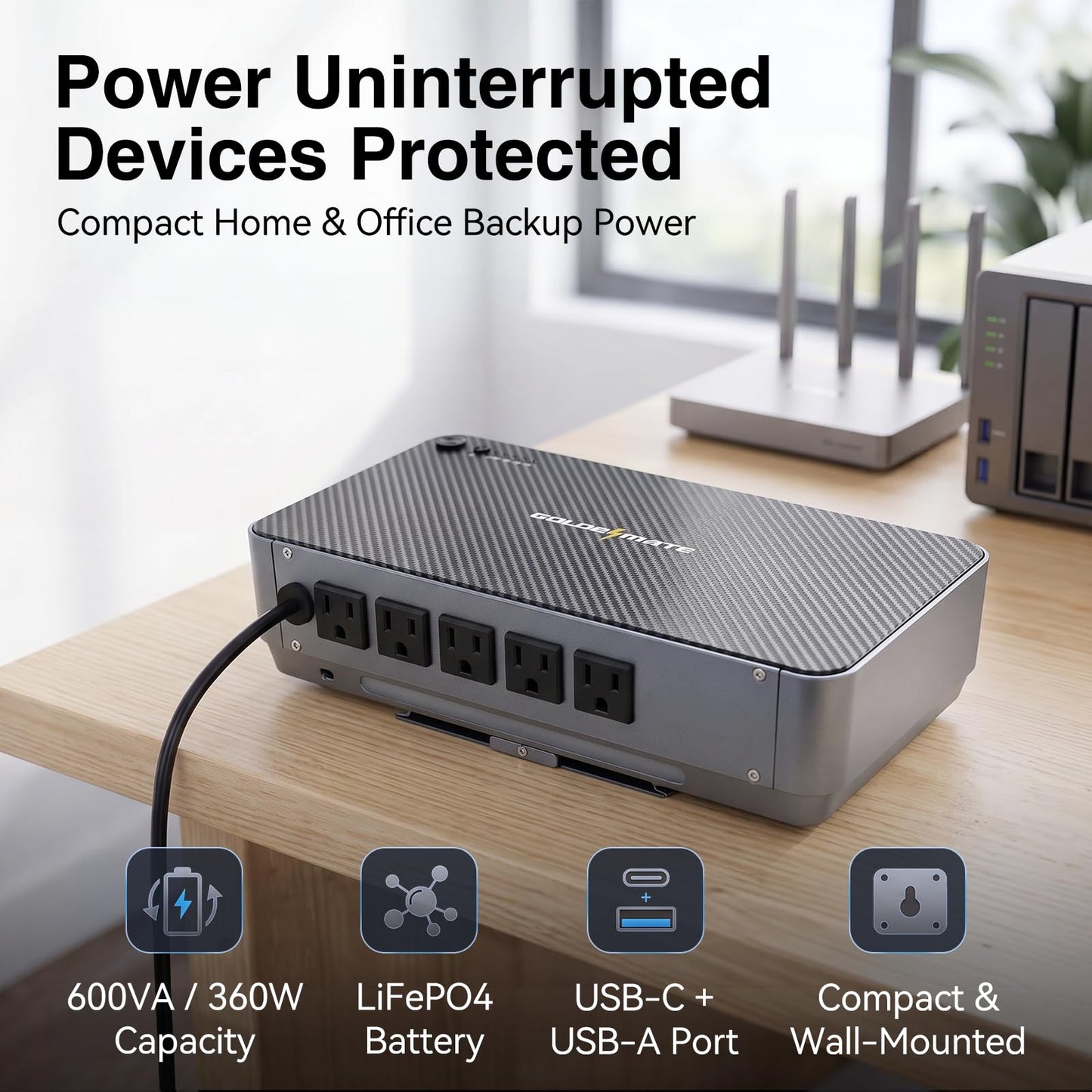 GOLDENMATE 600VA/360W Lithium UPS Battery Backup and Surge Protector, LiFePO4 Battery Backup (76.8Wh), 5 Outlets & 2 USB Ports, Built-in Emergency Light, Compact Wall Mount UPS for Home Office