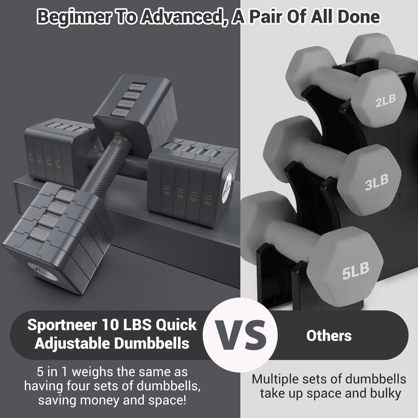 Adjustable Dumbbells Hand Weights Set: Sportneer 5 in 1 Weight Adjustment 10 LB Dumbbells Set of 2 Free Weights Fast Adjust Dumbbell Weight Set for Women Men Home Gym Exercise Workout Strength