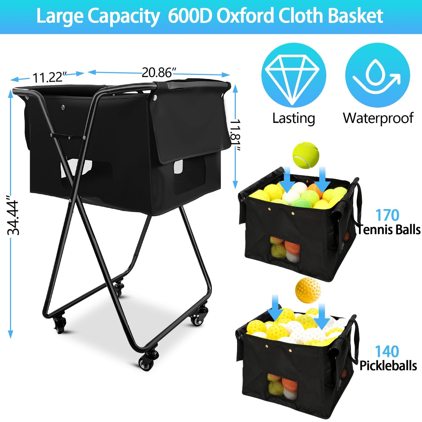 PRIJESSE Foldable Tennis Ball Hopper, Holds 170 Balls, Large Capacity Tennis Ball Hopper with Wheels for Baseball Softball Pickleball Training