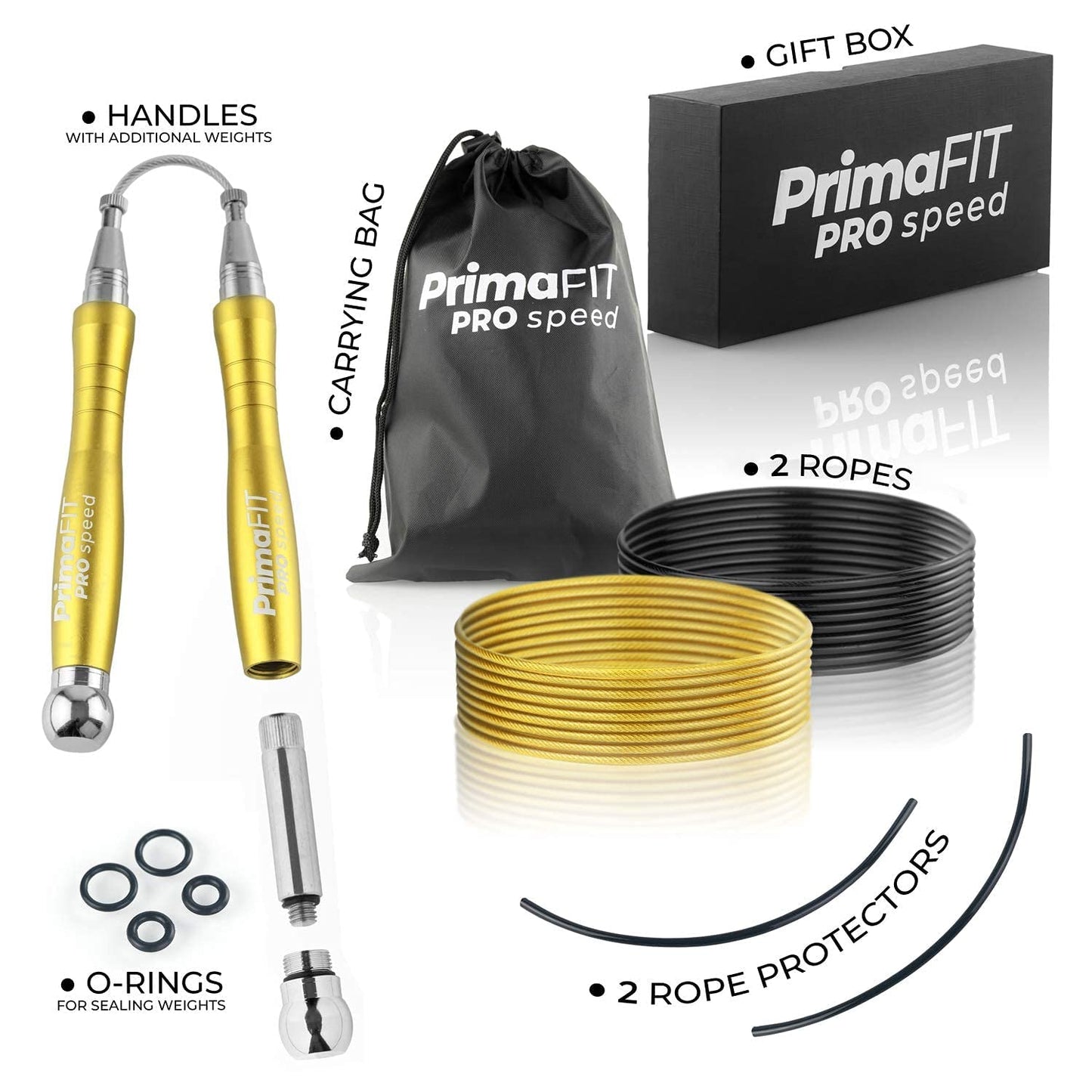 PrimaFIT Jump Rope Pro Speed Skipping Rope Adjustable Adult Jumping Rope Weighted Aluminium Handles for Double Dutch Boxing Workout Crossfit Exercise Fitness Spare Cable Weights Protectors Carry Bag