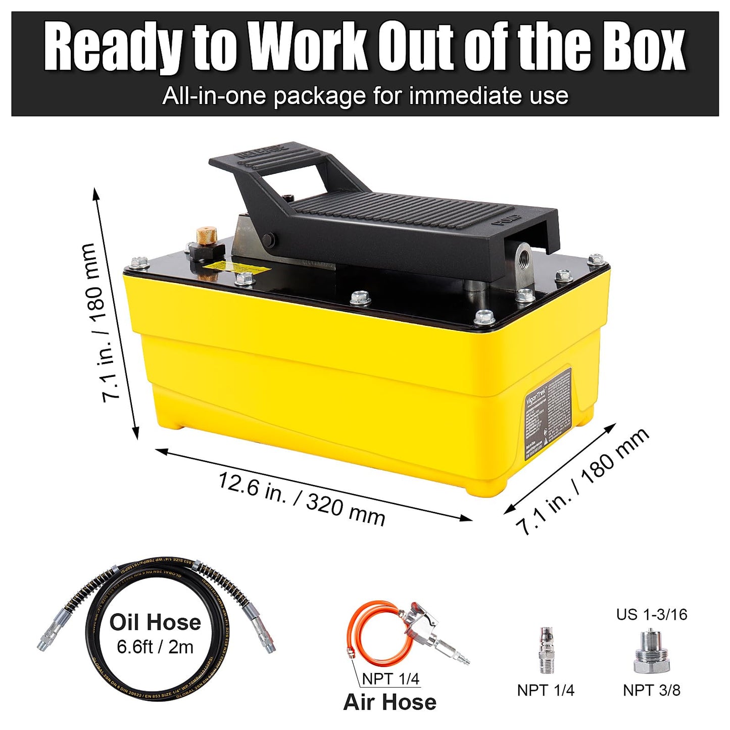 VigorTrek Air Hydraulic Pump, 10,000 PSI, 0.6 Gal Foot Padel Hydraulic Pumps with 6.6 ft Hose and Spray Gun, NPT 3/8" Outlet & 1/4" Inlet, Yellow