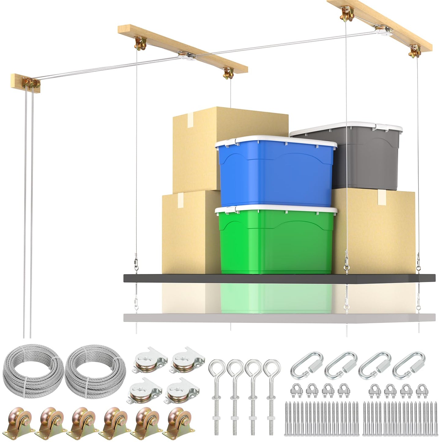 TooTaci Overhead Garage Storage Lift with 3/16 Steel Cable, Heavy Duty Ceiling Mounted Garage Storage Lift System for Organization, 300lbs Weight, Supports 8-16ft Ceilings (Deck and Winch Not Includ)