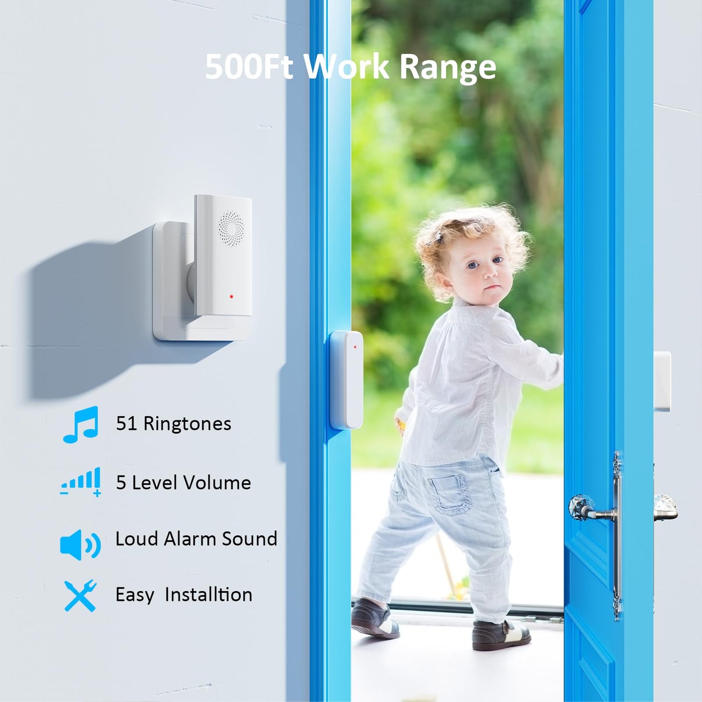 Wireless Door Chime for Business Entering, Door Open Alarm for Kid/Toddler Home Safety (500ft Range 51 Ringer) Door Dinger Buzzer Alert, 2 Receivers +1 Sensor