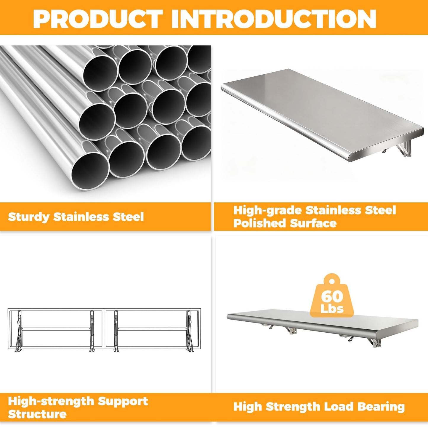 72" x 12" Split Stainless Steel Folding Concession Shelf,Heavy-Duty Drop-Down Serving Window Shelf, Wall-Mounted Folding Serving Food Shelf Stand for Food Trucks, Concession Stands & Commercial Use
