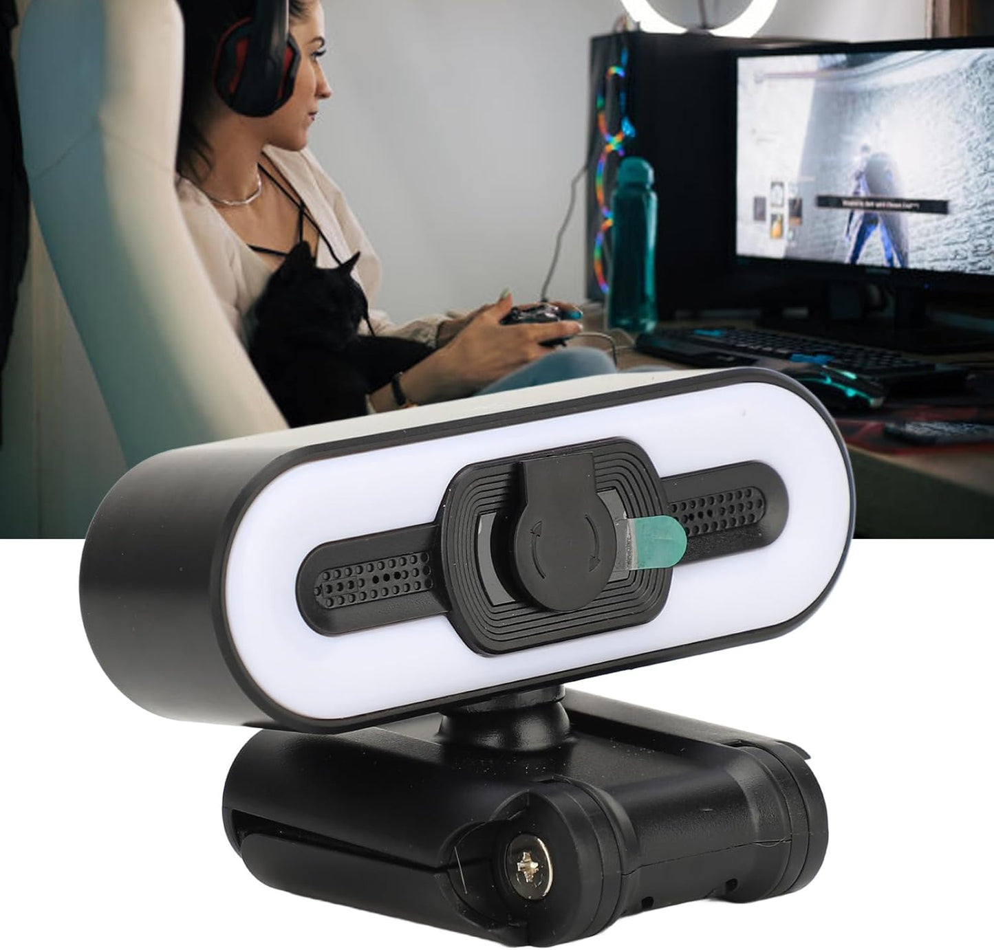 ASHATA 4K Digital Zoom, Webcam Built in Microphone, Super Bright Fill Light Auto Beauty USB PC Camera for Laptop