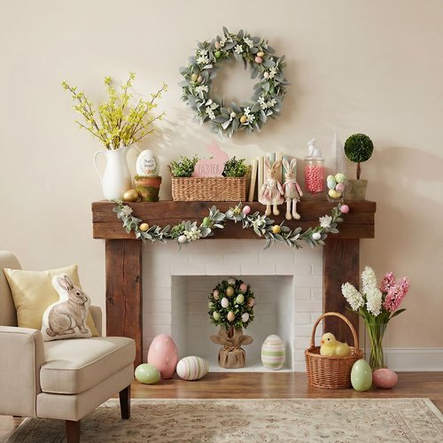 6 Ft Easter Garland, Easter Egg Lambs Ear Garland for Mantle, Spring Summer Pastel Artificial Flower Garlands, Easter Decorations for Home Mantle Fireplace Indoor Decor