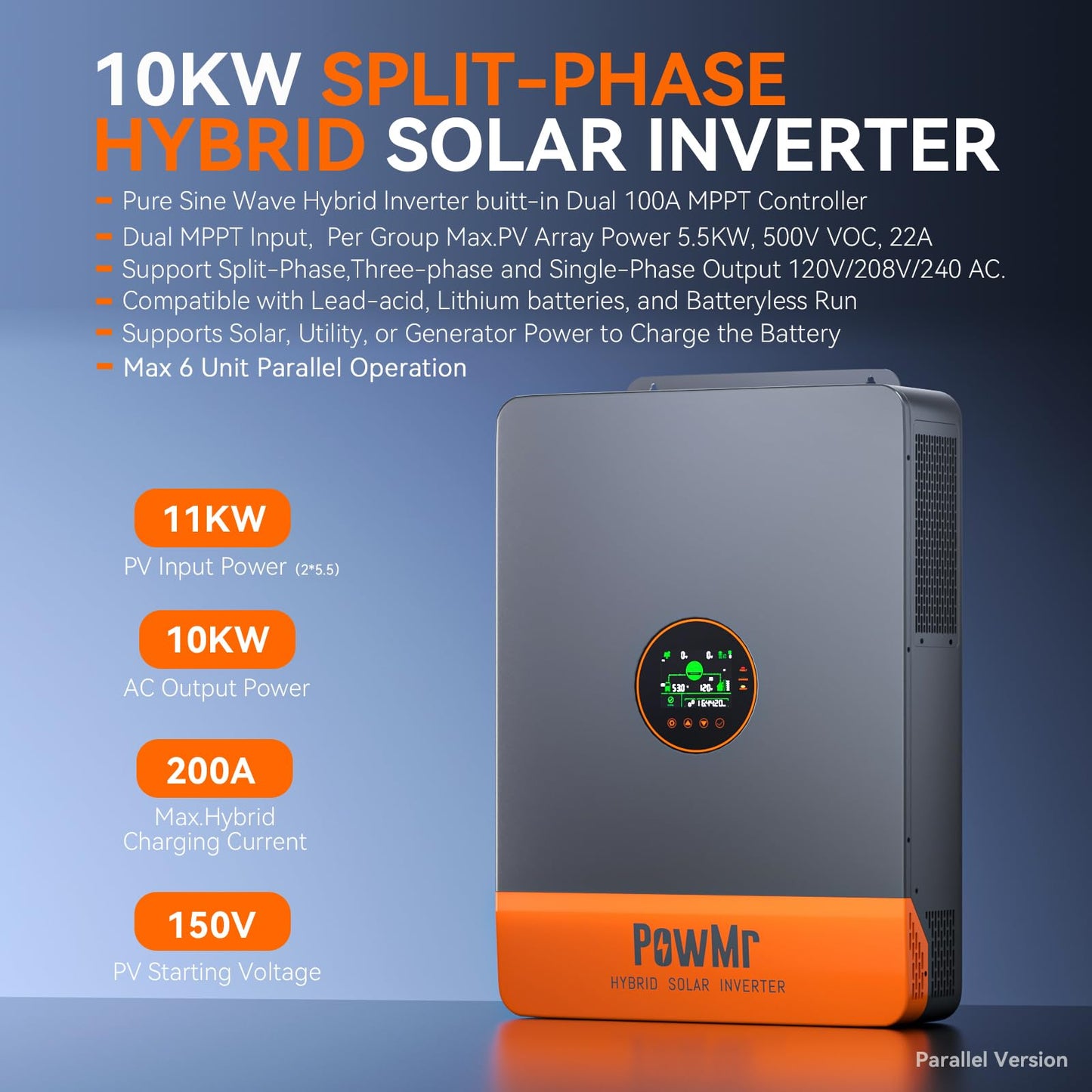 PowMr 10000W Solar Inverter 48V to 110V/240V Split Phase Pure Sine Wave Hybrid Inverter with 200A MPPT Controller, Support Parallel 6 inverters, for Lead Acid/Lithium Battery and Batteryless Run