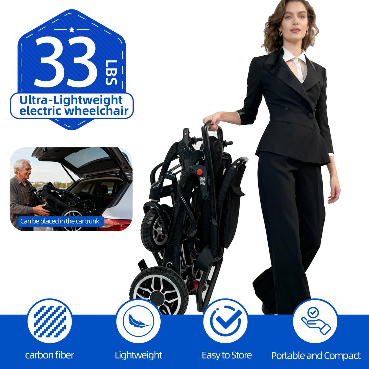 John Dawson Electric Wheelchairs for Adults 33LBS 100% Carbon Fiber, 30 Miles Long Range Lightweight Foldable Motorized Wheelchair with Dual 10Ah Batteries & Dual Motors