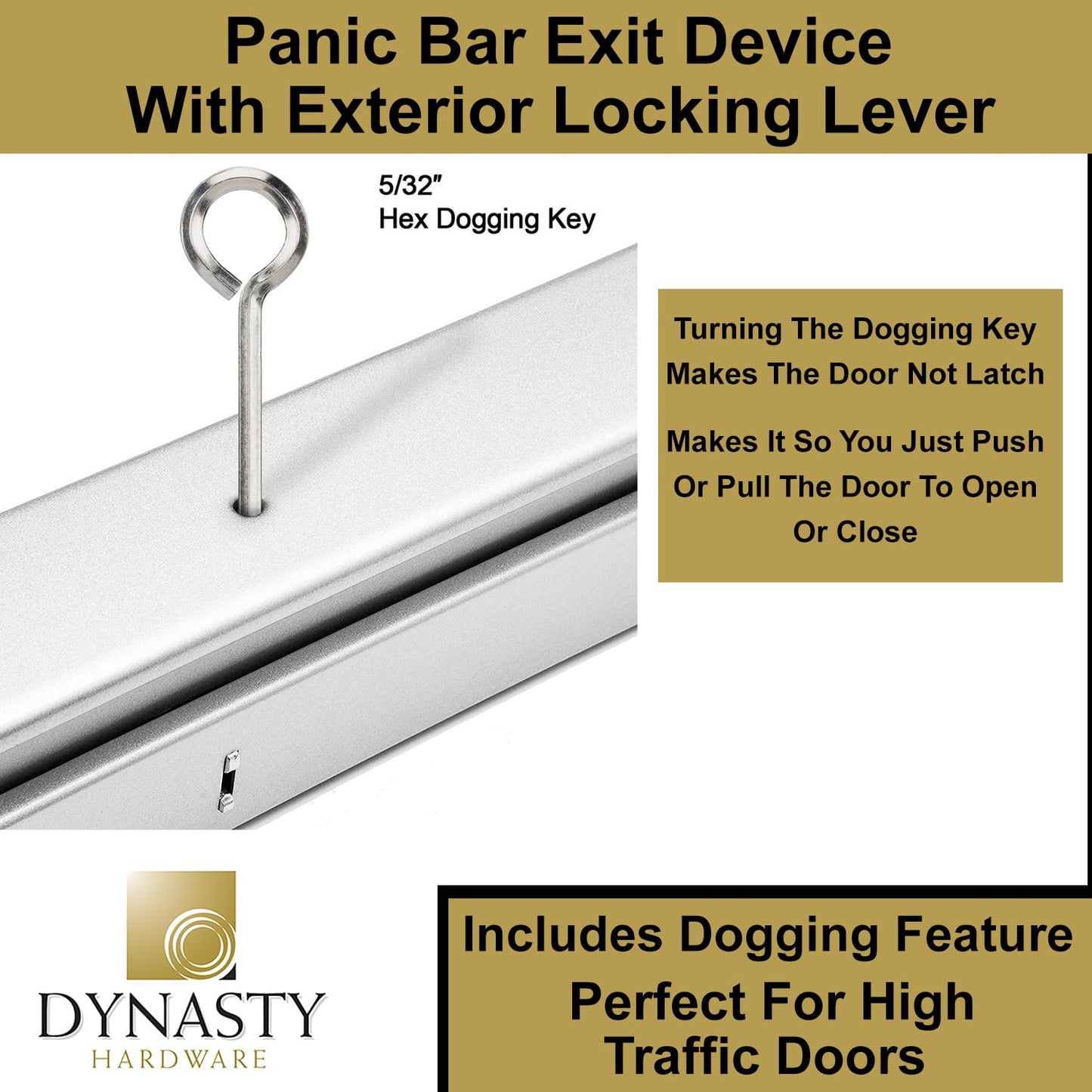 Dynasty Hardware Push Bar Panic Exit Device for Emergency Exit Doors Painted Aluminum, with Exterior Lever Handle