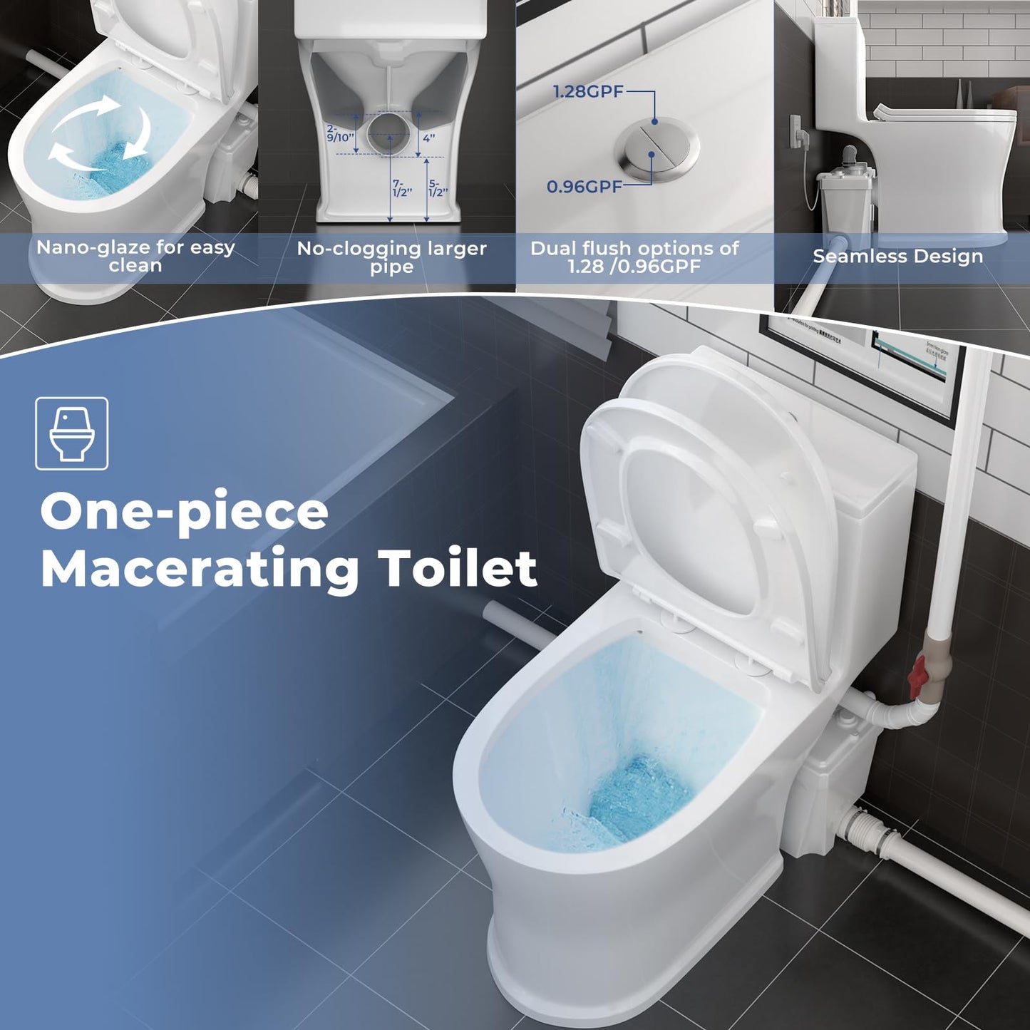 HOCANFLO Upflush Macerating Toilet System, Quiet Copper Motor Grinder Pump with 4 Inlets for Basement Toilet/Sink/Washer/Laundry Wastewater Disposal, One Piece Full Skirt, Nano-Glazed, 23ft Lifting Up