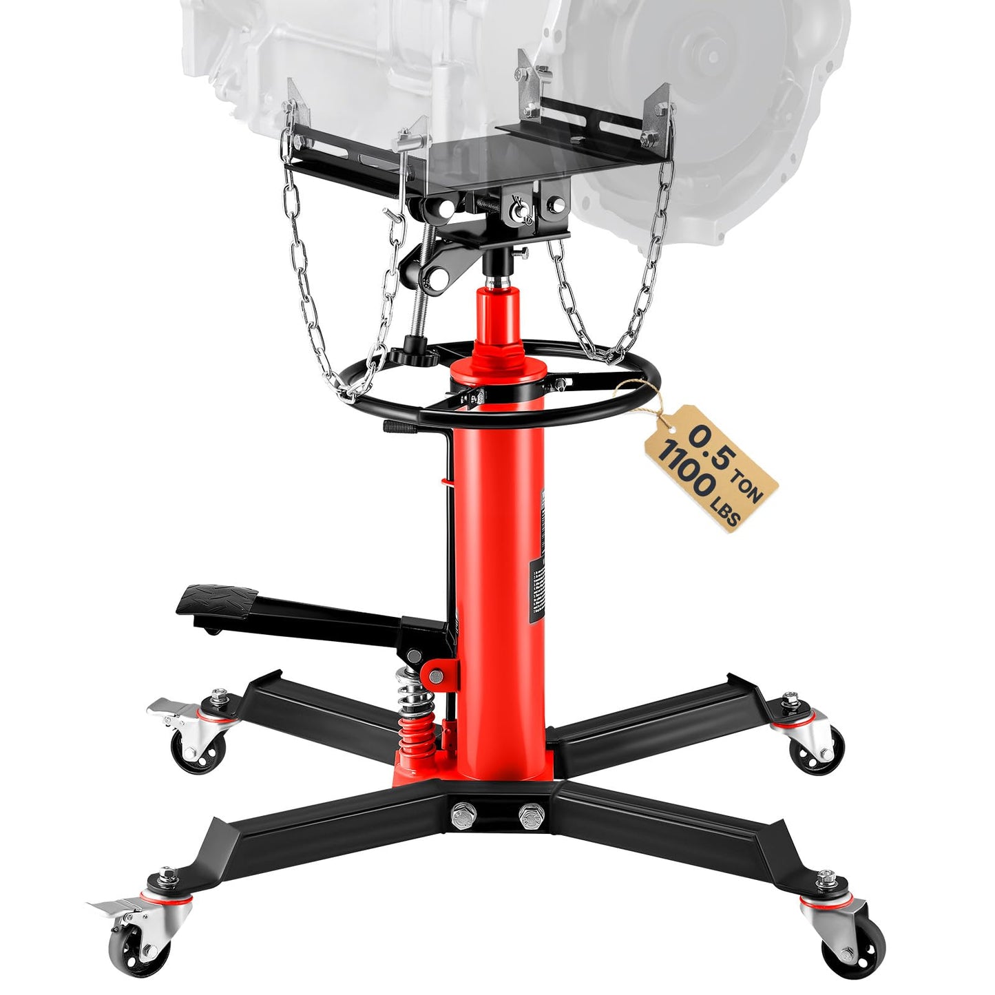 VEVOR 1/2Ton/1100lbs Capacity Hydraulic Transmission Jack, Car & Truck Compatible, 33.5-67 Inch Lift Range, 2-Stage Jack Stand with Foot Pedal, 360 Swivel Wheel, Red