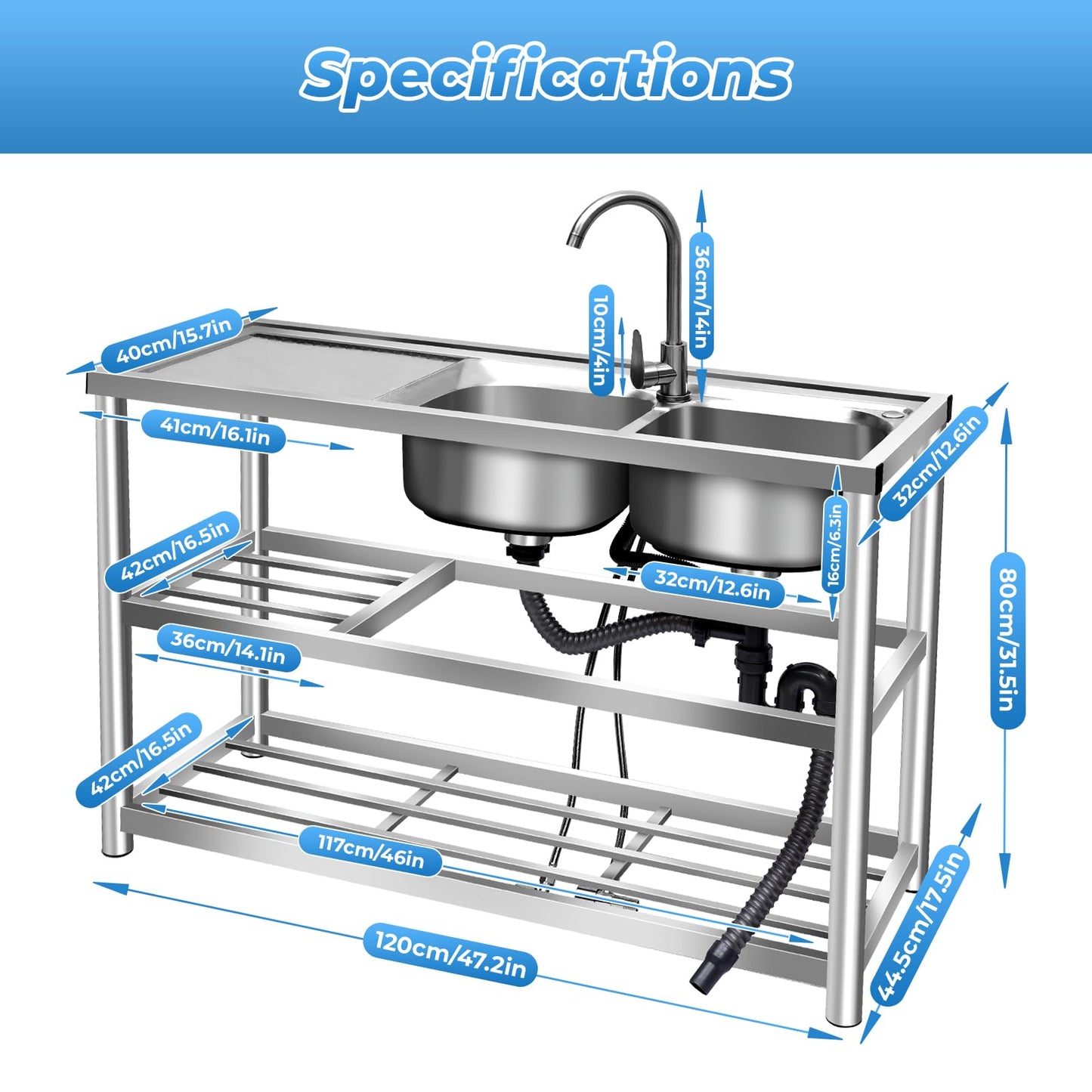 3 Compartment Commercial Grade Stainless Steel Utility Sink, Free Standing Laundry Tub with 2 Faucetse, 39x18x35.8 Inch Heavy Duty Kitchen Sink for Restaurant, Bar, Coffee Shop (2 Sink-2)