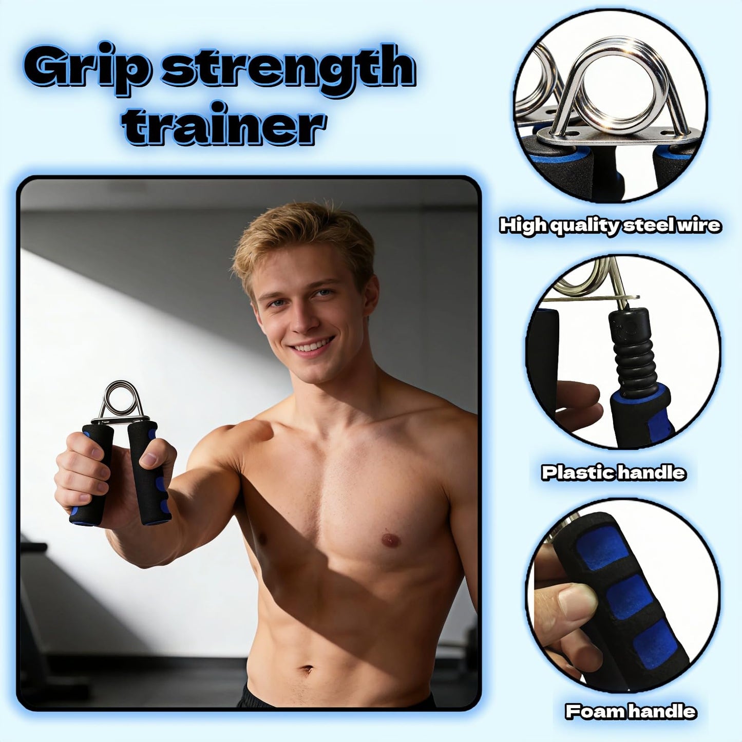 Yayaboqu Hand Grip Strengthener Set, Carbon steel wire+thickened foam Hand Exerciser for Wrist Forearm and Finger Strength Training, 2 Pack (Blue)
