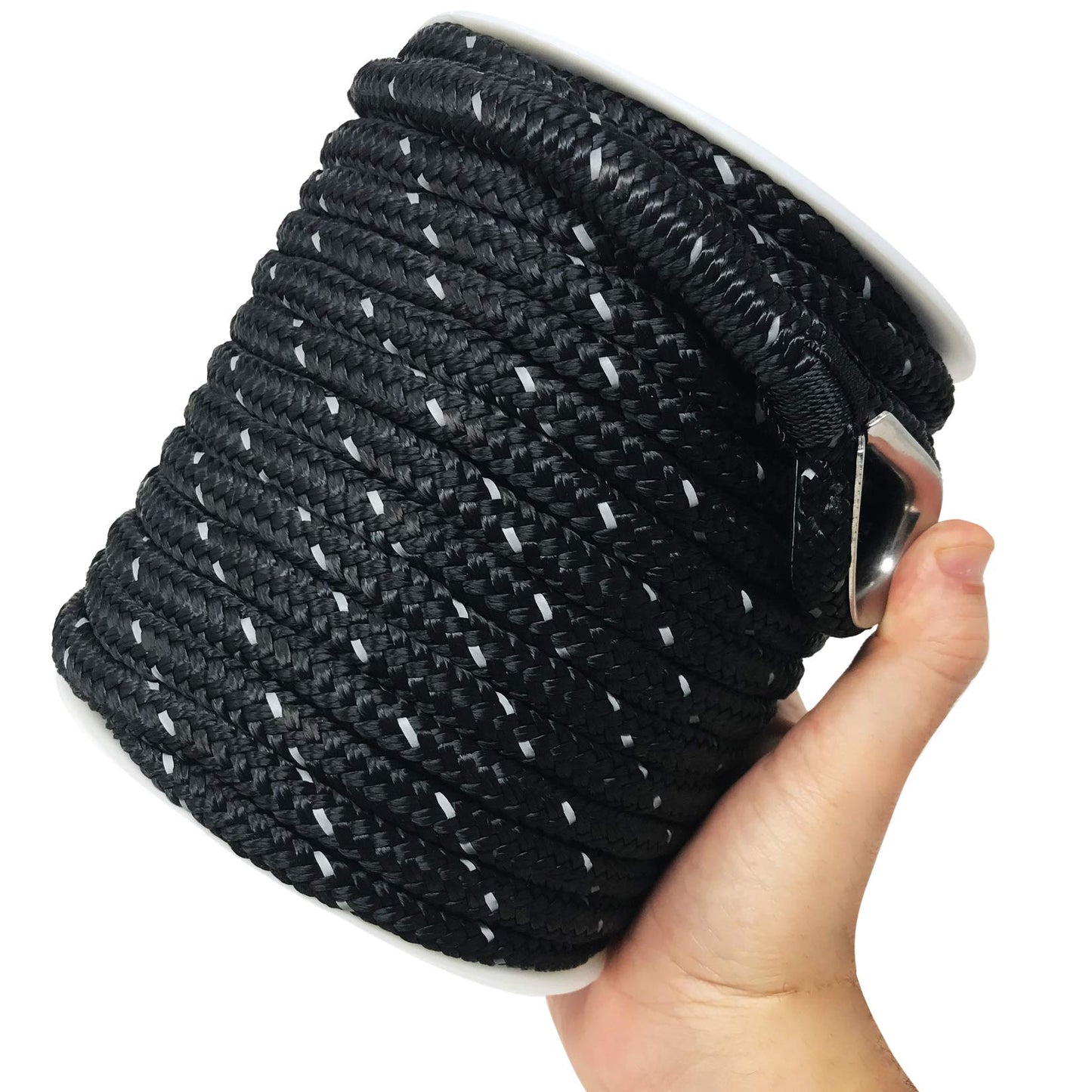 Better Boat Premium Anchor Rope, 100 Ft Double Braided White Nylon Marine Line, Reflective 3/8 Inch Reel for Anchors and Boats - Black