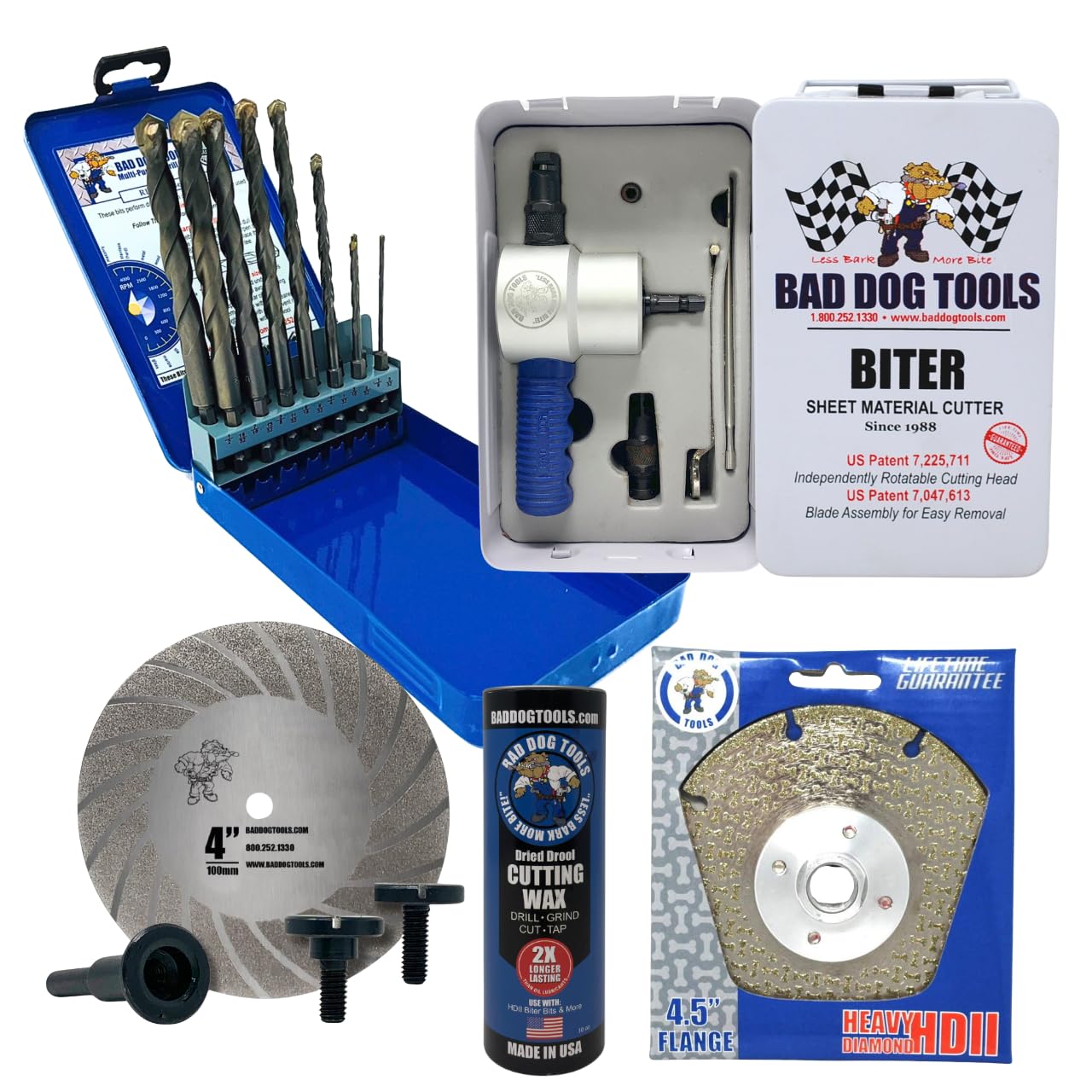 Bad Dog Multipurpose Drill Bits (14 Piece) Complete Package: Includes 14 Piece Drill Bits, Biter Kit, 4.5" Flange Disc HDII, Diamond Sharpener Wheel and Dried Drool Wax