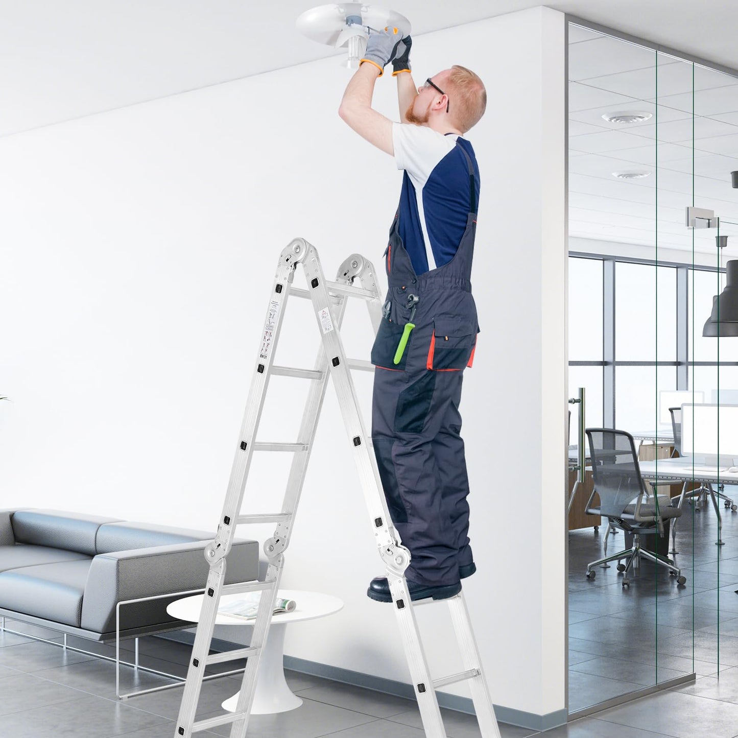 Goplus 7-in-1 Multifunctional Ladder, 4,6 M/15 FT Folding Aluminum Ladder with Safe Locking Hinge & Anti-Skid Footpads, Lightweight Tall Ladder for Home & Outdoor, 150 kg/330 lbs Max Load