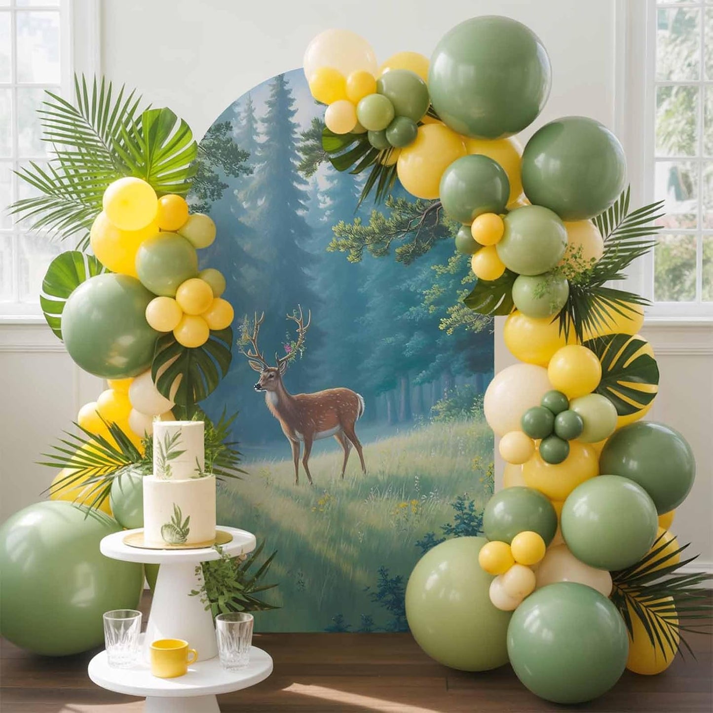 Jnbasdffb 7.2 Forest Elk Wedding Arch Cover,Stretchy Spandex Arch Backdrop Stand Covers FT,Green Trees Leaves Landscape
