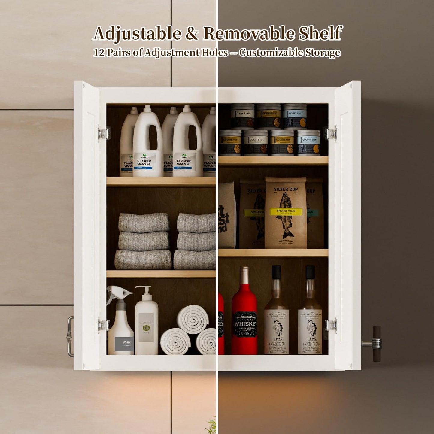 Kisart Laundry Room Cabinets Wall Mounted with Doors & Shelves, Solid Wood RTA Medicine Storage Cabinet, 24Wx30Hx12D Inch White Shaker Hanging Cupboard, Space-Saving for Kitchen, Bathroom, Garage