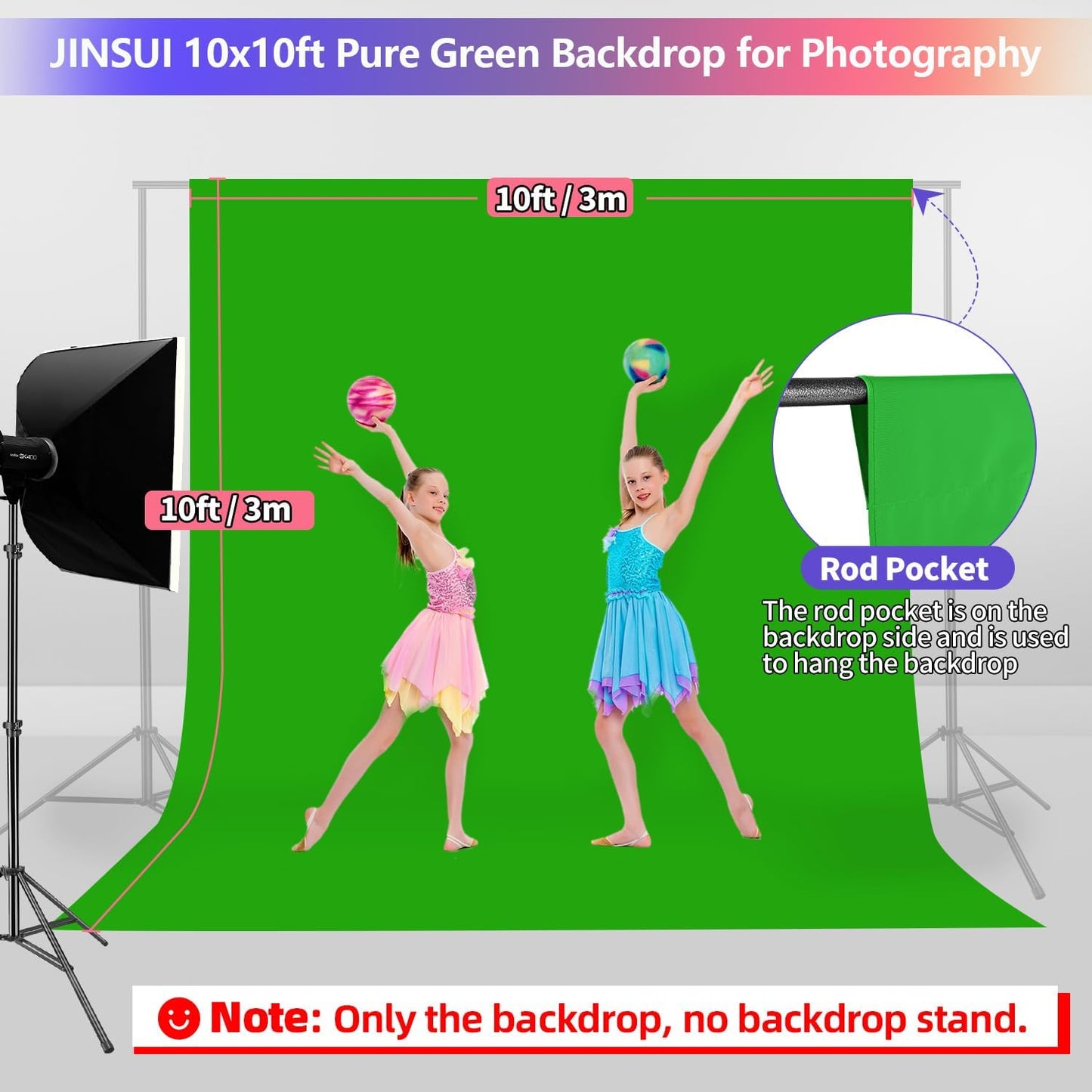 JINSUI 10x10 Green Screen Backdrop ft, Chroma Key Greenscreen Background for Streaming Zoom, Photo Backdrop Curtain