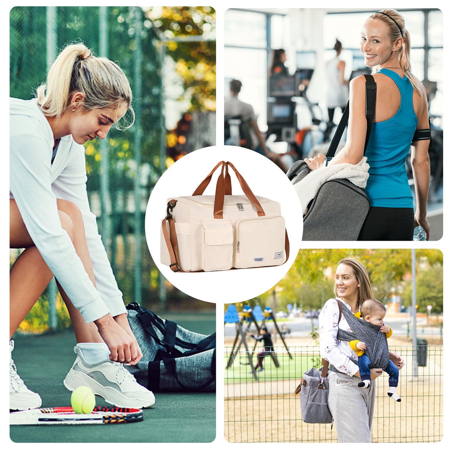 FIORETTO Women's Gym Duffle Bag with Shoes Compartment, 30L Capacity, Ideal for Travel, Gym, Sports, Duffel, Weekender, Beige& Brown
