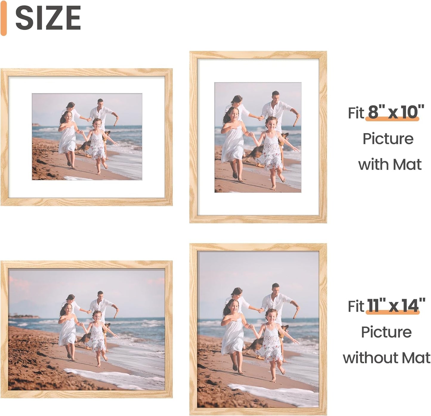 Upsimples 11x14 Picture Frame Set of 5 - Display 8x10 or 11x14 Photos | Natural Wall Gallery Frames