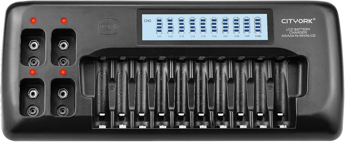 CITYORK 10+4 10 1.2V 4 9V Bay AA AAA Battery Charger with LCD Display, Bay for AA AAA NiMH NiCd Batteries, Bay