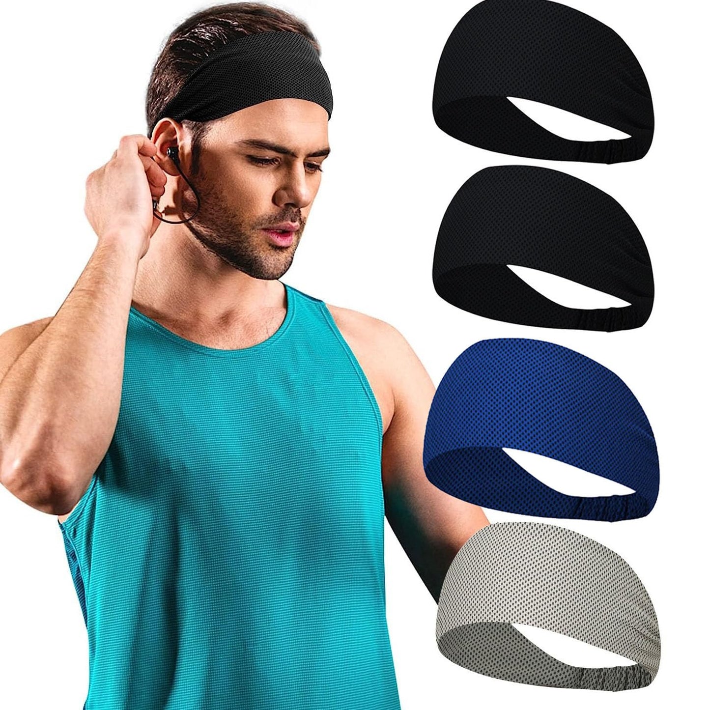 Wide Headbands for Men, Instant Cooling Elastic Non-Slip Workout Headbands, Moisture-Wicking Sports Sweatbands for Gym, Yoga, Running