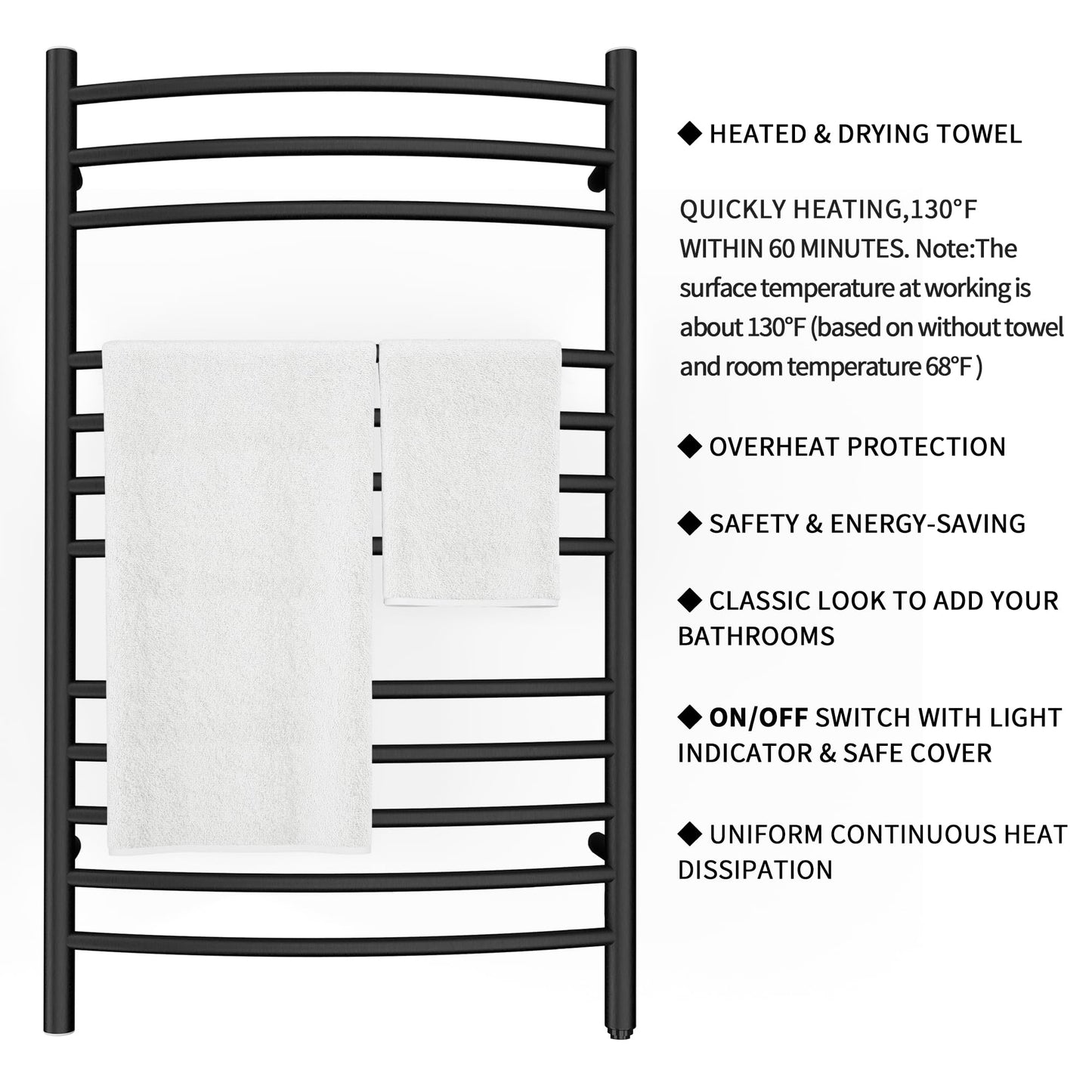 HEATGENE Towel Warmer Wall Mount Electric Plug-in/Hardwired Heated Towel Rack, 4-Supports Matte Black