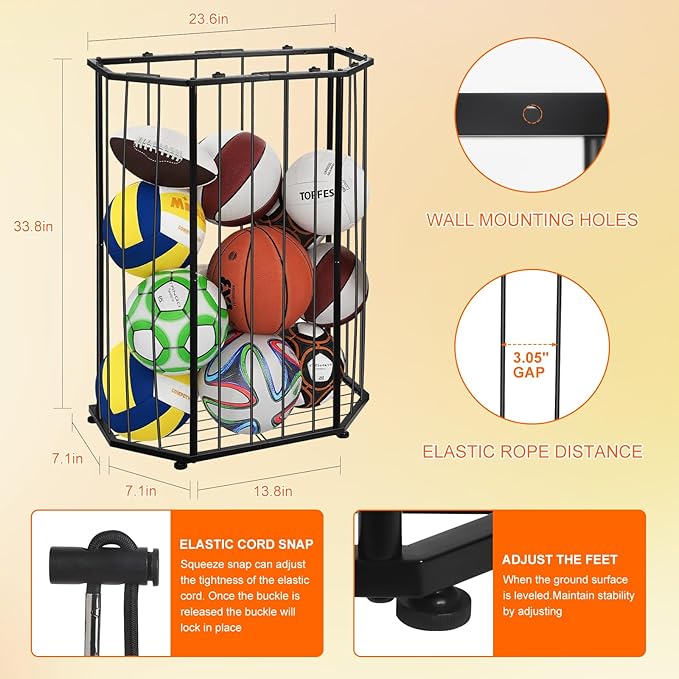 Garage Ball Storage Rack,with Bungee Cord Sports Equipment Organizer,Can be Wall-Mounted & Floor-Mounted Mount,FitBasketball,Footbal,Volleyball,Gym,and Garage Ball Storage (Black)