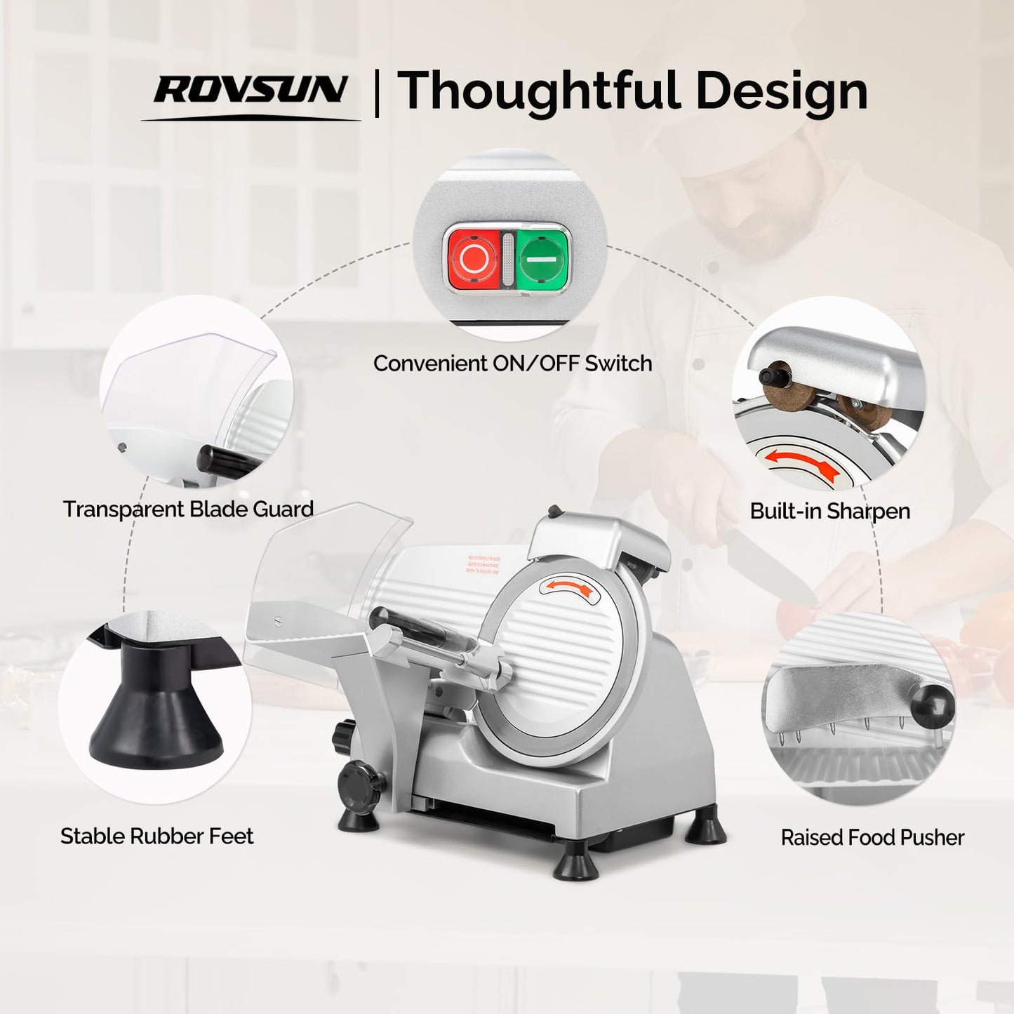 ROVSUN 210W Commercial Meat Slicer, 8 inch Electric Meat Slicer Machine with Adjustable Thickness(0-13mm), Frozen Meat Deli Cheese Food Slicer with Upgraded Carbon Steel Blade for Home and Commercial