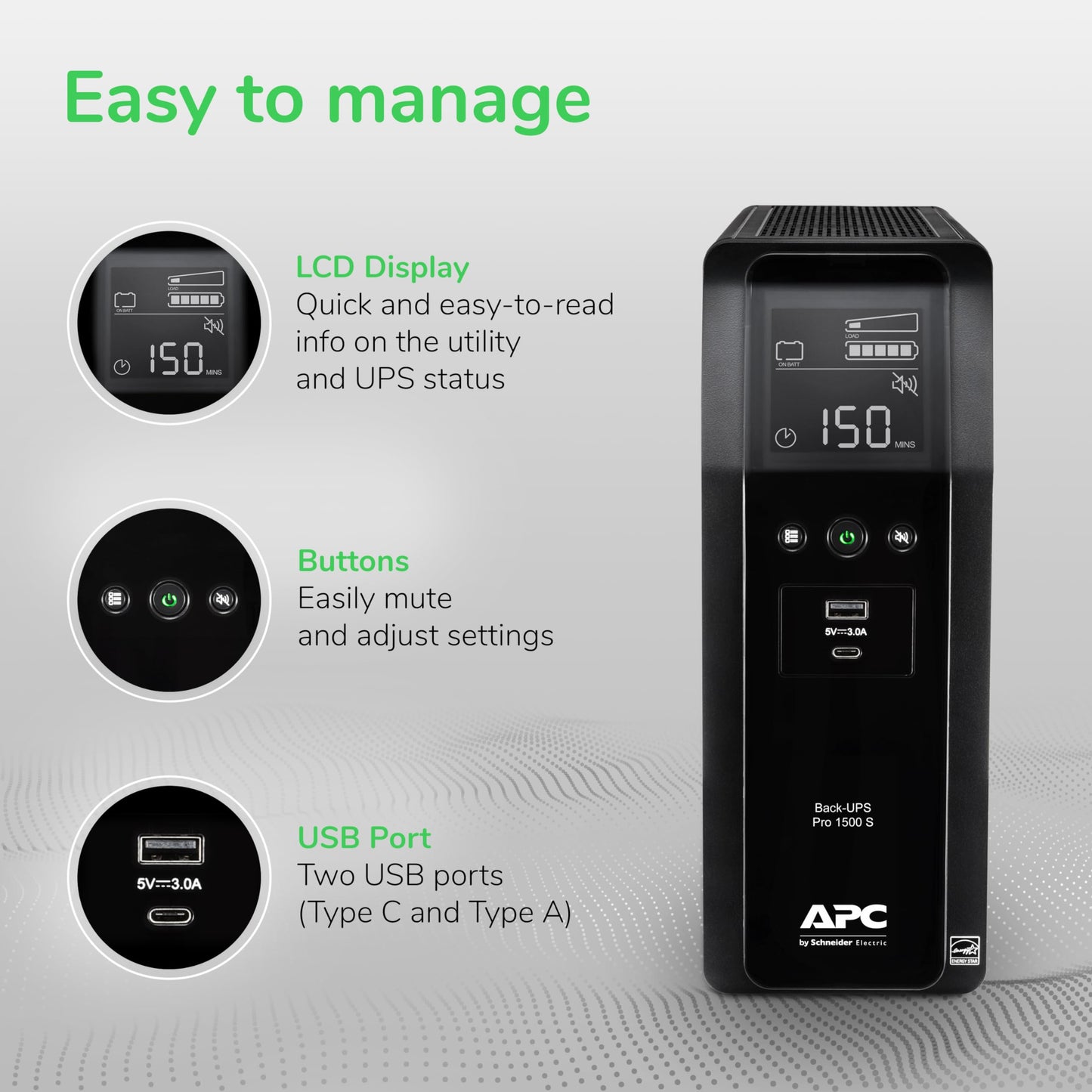 APC Back-UPS Pro Sine Wave UPS, 1500VA/900W, Active PFC Compatible, AVR, LCD, 10 Outlets, USB-C Charging Port | BR1500MS2 Uninterruptible Power Supply for Home Office, PC, Gaming Computers