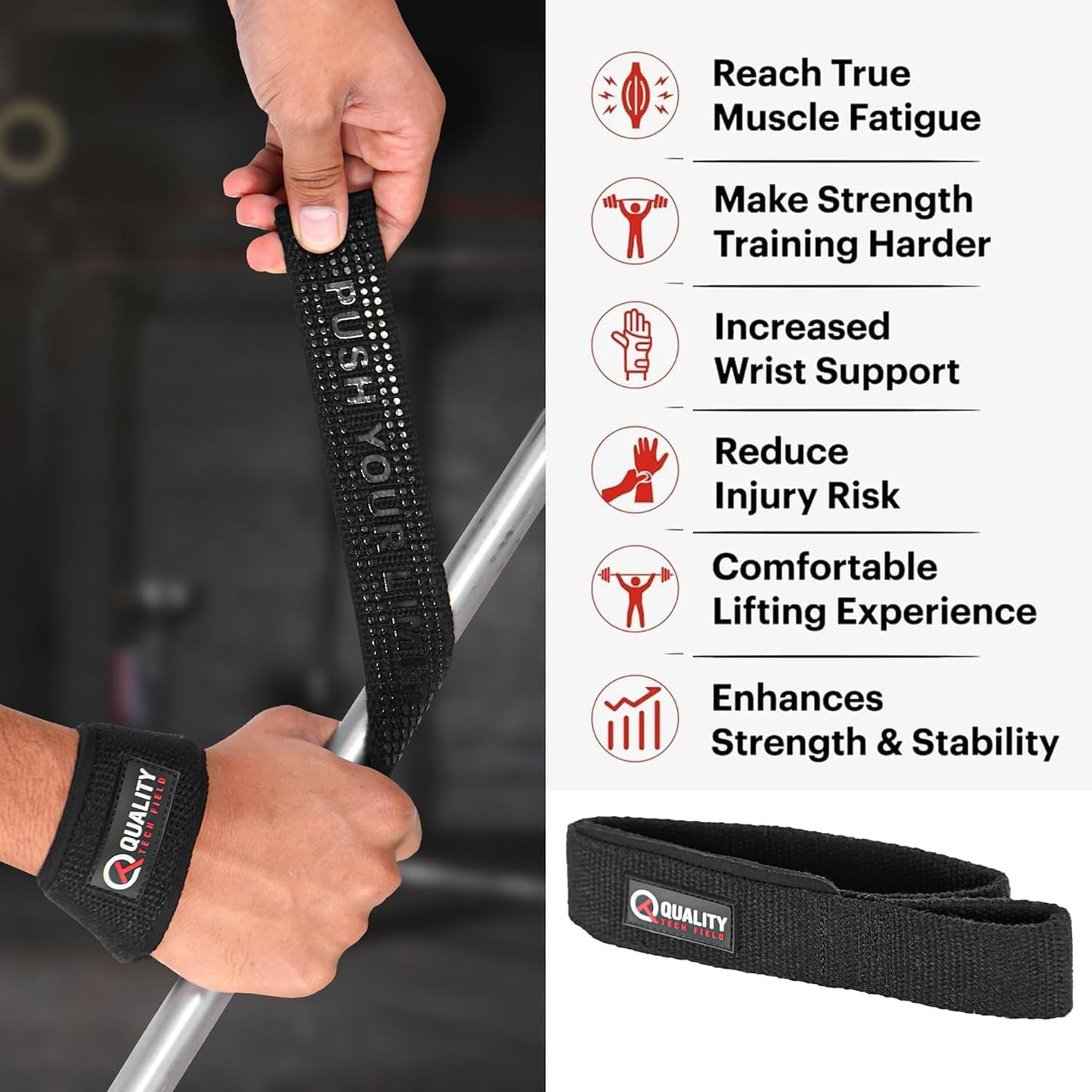 QTF Lifting Wrist Straps for Weightlifting, Gym Wrist Wraps Padded Wrist Support Wraps, Bodybuilding, Powerlifting, Deadlifting and Secure Grip (Black)