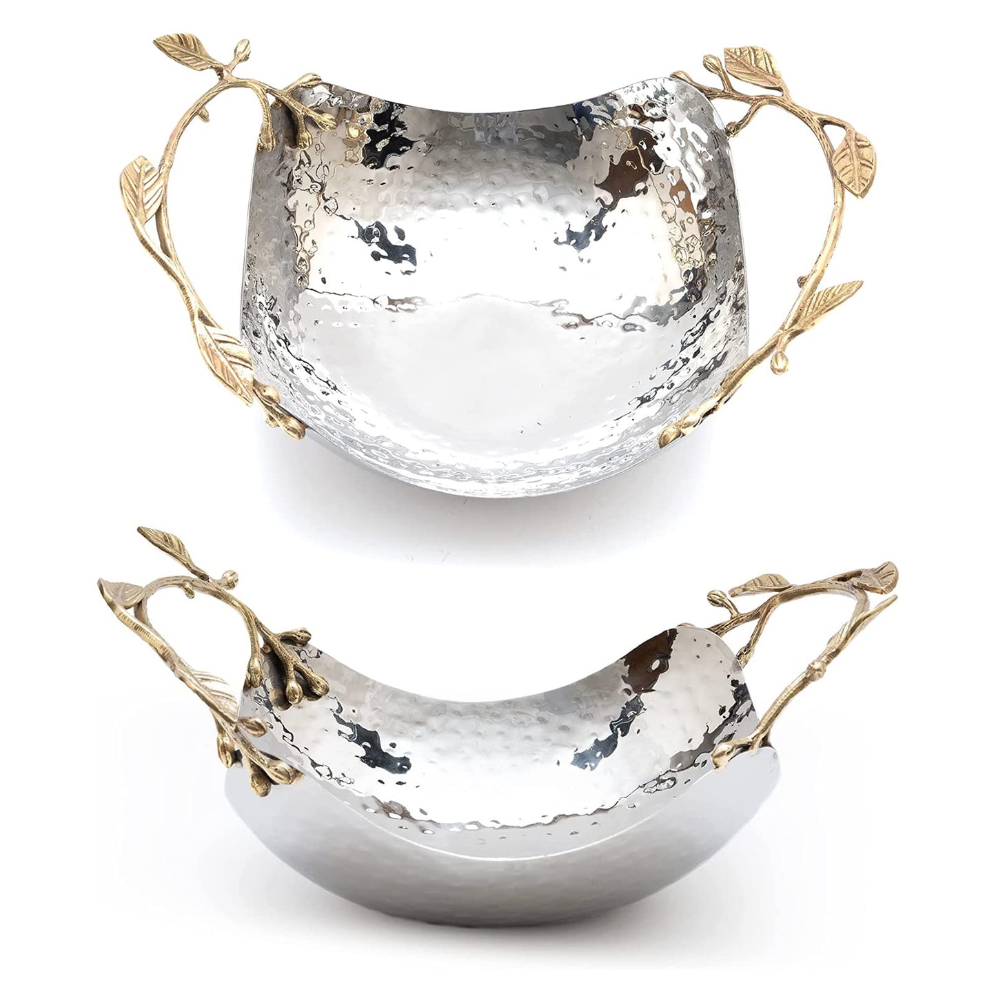GUTE Decorative Silver Hammered Bowl, Single Piece, 13.78 x 9.45 x 5.51 Inch Stainless Steel Brass Gold Leaf Handle Basket Fruit Holder Organizer Centerpiece Display, Dining Living Room Decor Gift