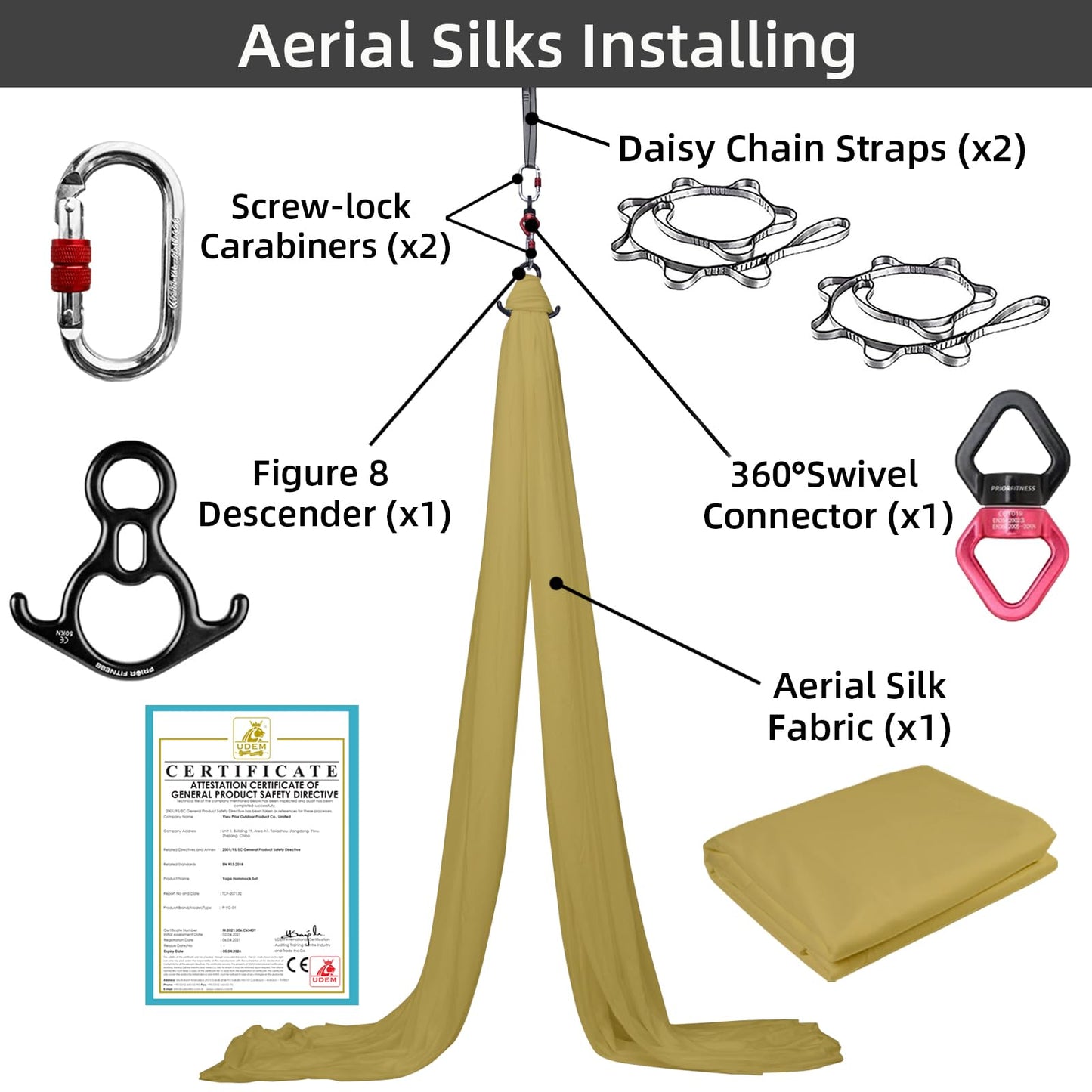 PRIOR FITNESS 9 Yards Aerial Yoga Silks Starter Kit Colorful Hammock Set with Hardware & Guide for All Levels of Aerial Yoga Practice and Acrobatic Flying for Adults