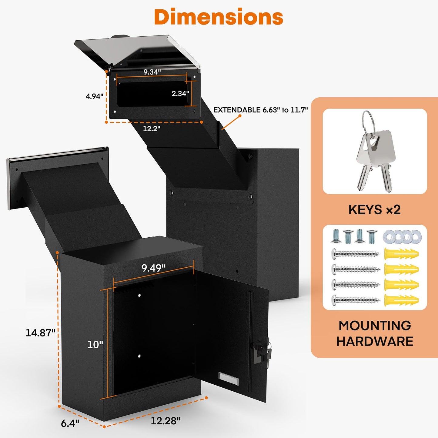 Metateel Through-The-Wall Drop Box with Rainproof Slots, 12.28''x6.4''x14.87'', Heavy Duty Steel Mailbox with Key Lock and 6.63"-11.7" Adjustable Chute, for Mail, Checks, Letters, Cash (Black)