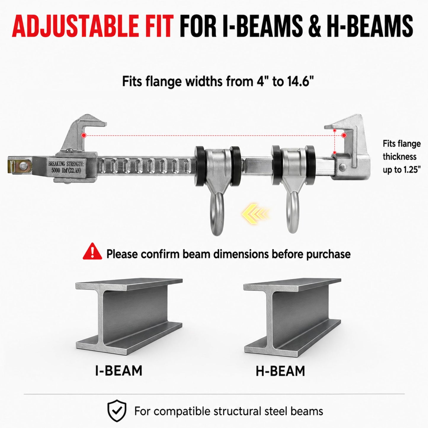 Orvexa Aluminum Horizontal Sliding Beam Anchor, Adjustable Fall Protection Beam Anchor for I-Beams & H-Beams, Fits 4" to 14.6" Flange Width, 5,000 lbf / 22.2 kN, OSHA & ANSI Compliant, Tool-Free