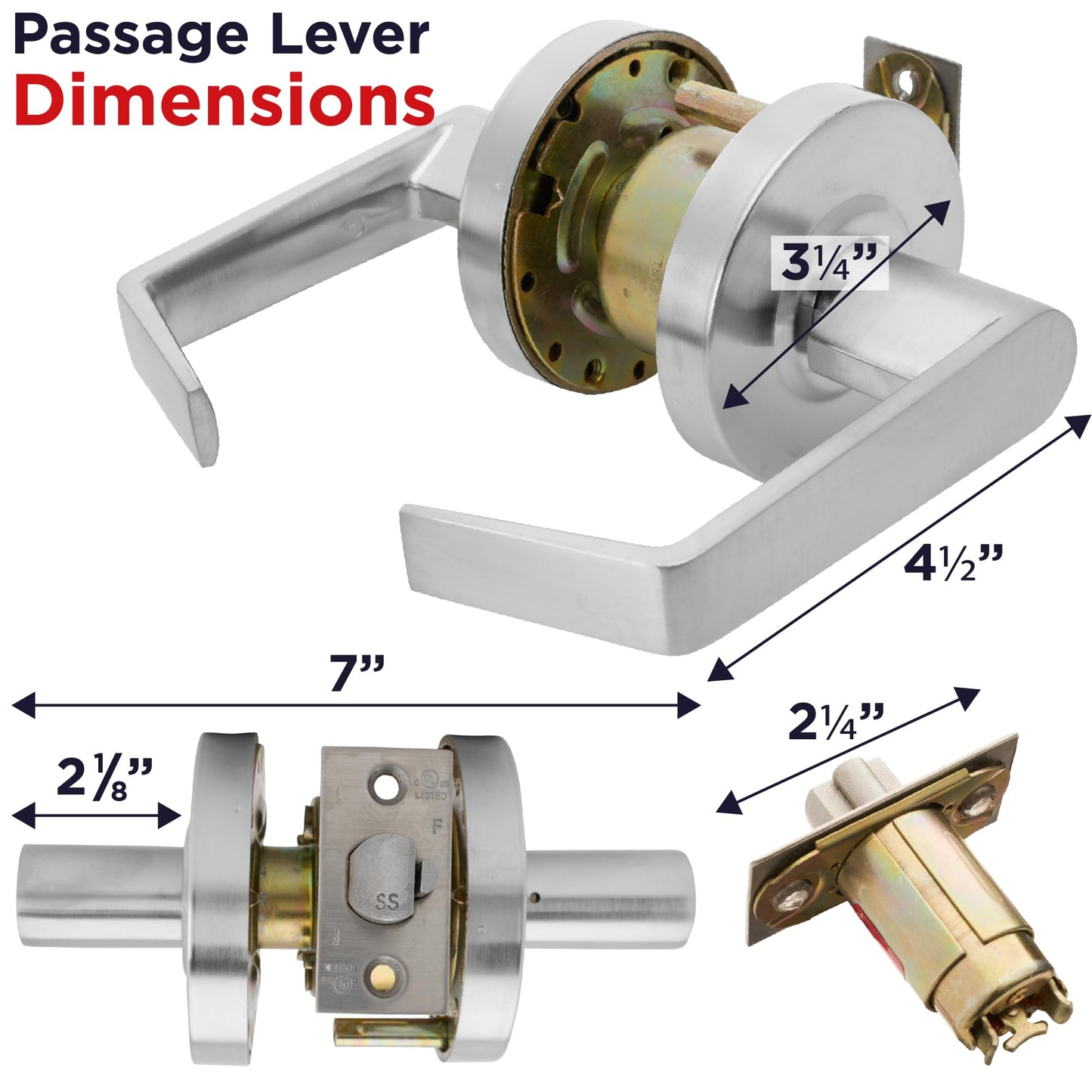 OAKMOORE Heavy Duty Commercial Door Handle | Passage Function | Grade 2 | No Lock/Key | for Meeting Rooms & Kitchens | Nickel Finish | C UL & ADA | ANSI A156.2