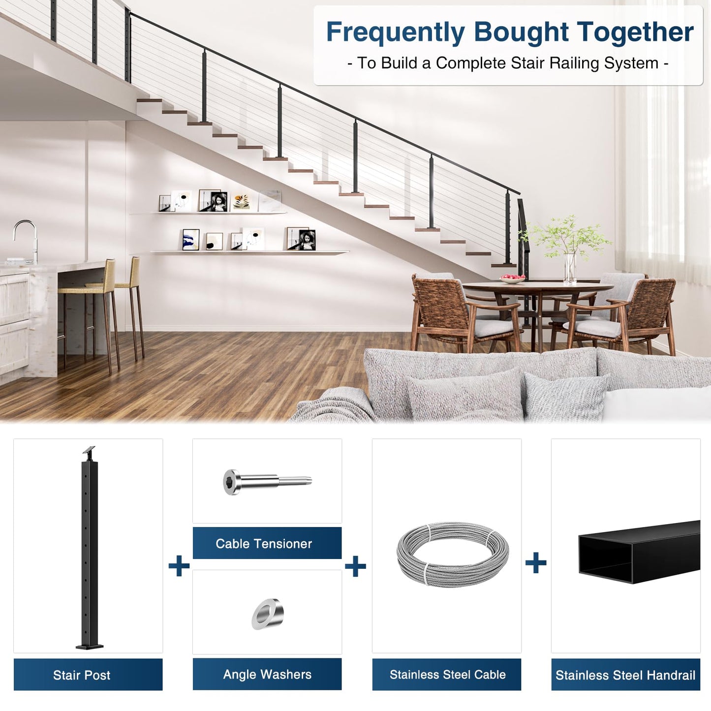 Gyykzz 2 Pack 36" Stair Cable Railing Post for 28-38 Degrees Stairway, Matte Black Surface Mount Deck Staircase Post System, Heavy-Duty Stainless Steel T304 Wire Railing Post for Stairs Indoor Outdoor
