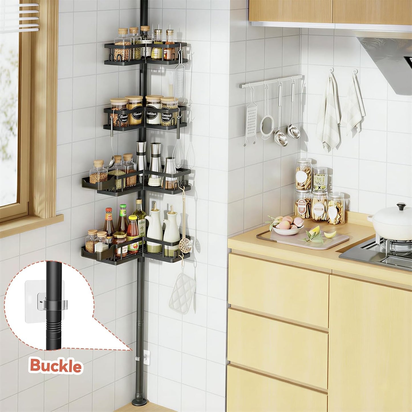 YASONIC Corner Shower Caddy - Adjustable Tension Pole Shelves, Rust-Resistant, No-Drill Installation | Black, 25.7-109.1in