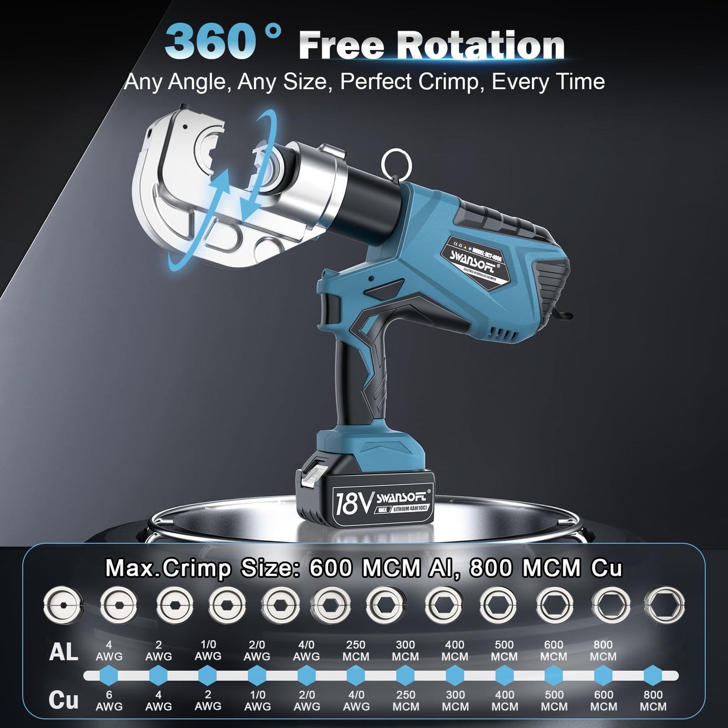 SWANSOFT Electric Hydraulic Crimping Tool, 12Ton 6AWG-800MCM Rechargeable Hydraulic Crimper for Cu/Al Terminal, Continuously Crimp Wire Cable Lug Crimping Tool Kit with 12 Dies (HCT-400A)