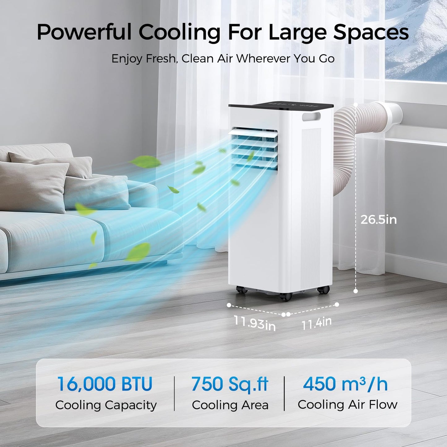 HoneyNov 16000 BTU Portable Air Conditioner for Large Rooms & Bedrooms up to 750 Sq.Ft, Ultra Quiet 40dB Smart WiFi AC, 5-in-1 Cooling with Dehumidifier, Fan, Sleep Mode & Timer