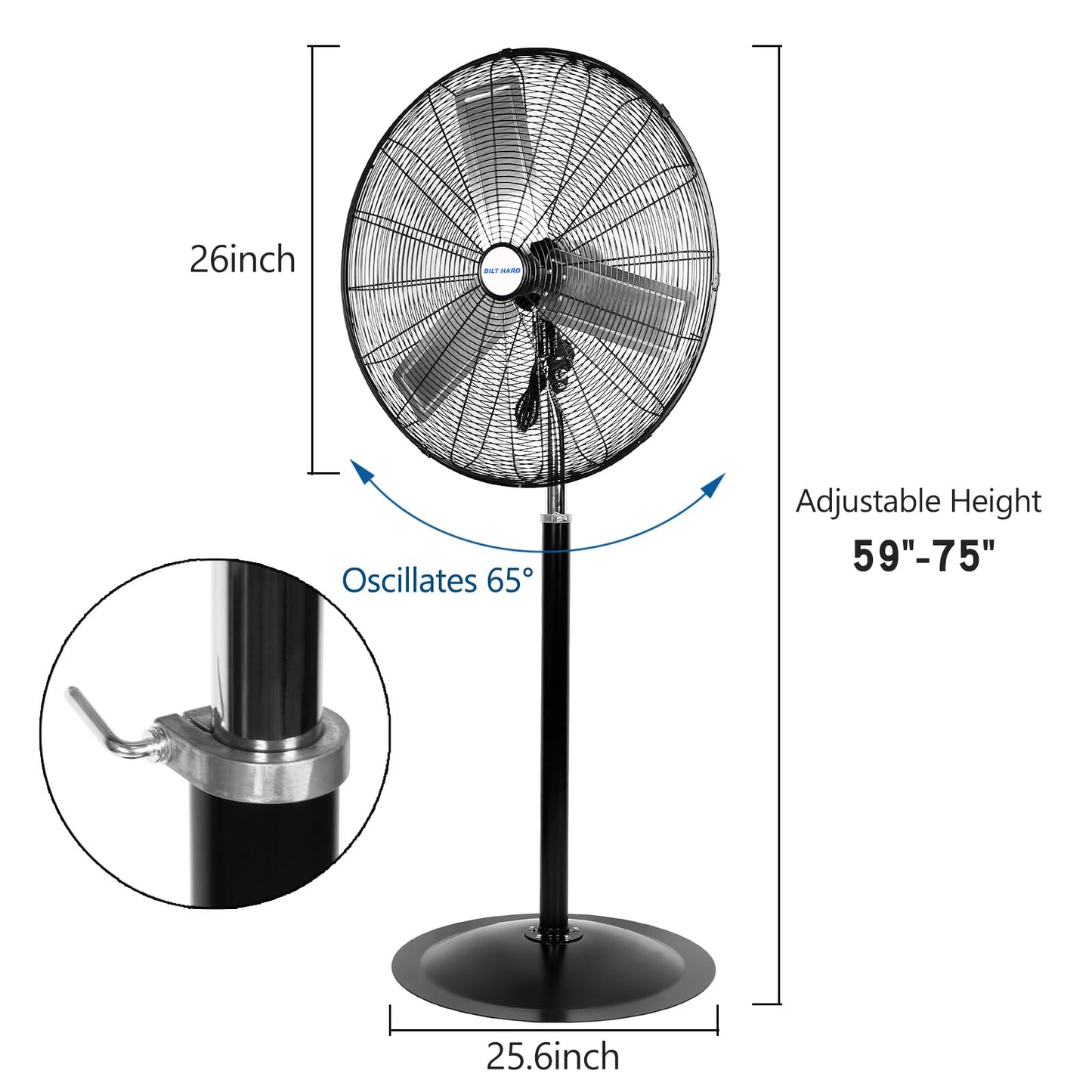 BILT HARD 6450 CFM 24" High Velocity Pedestal Oscillating Fan, 3-Speed Adjustable Height Industrial Floor Fan with Aluminum Blades, Metal Shop Fan for Commercial, and Garage
