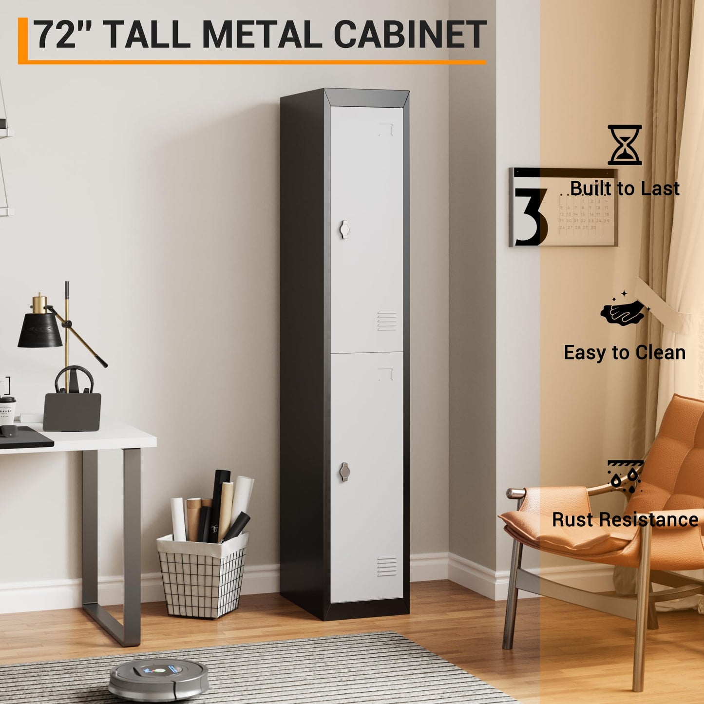 ExploreHorizon 72" Tall Metal Locker Cabinet with Lockable Doors & Keys, Employee Storage Organizer for School, Gym, Office, Home, Garage, Mudroom, Durable Steel Cabinet, Black - 2 Doors