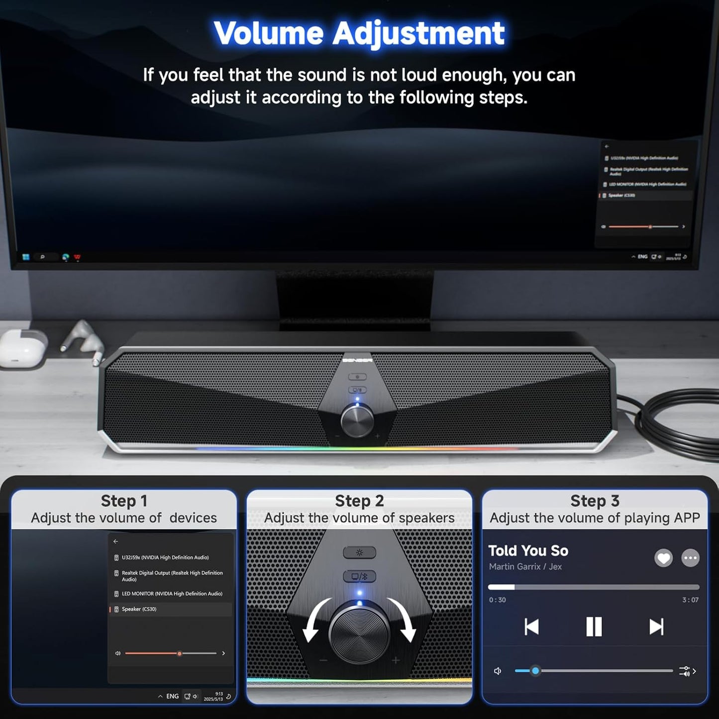 SENZER CS30 Bluetooth Computer Speakers for Desktop, USB Plug & Play PC Speakers with Dynamic LED Light, Stereo Sound