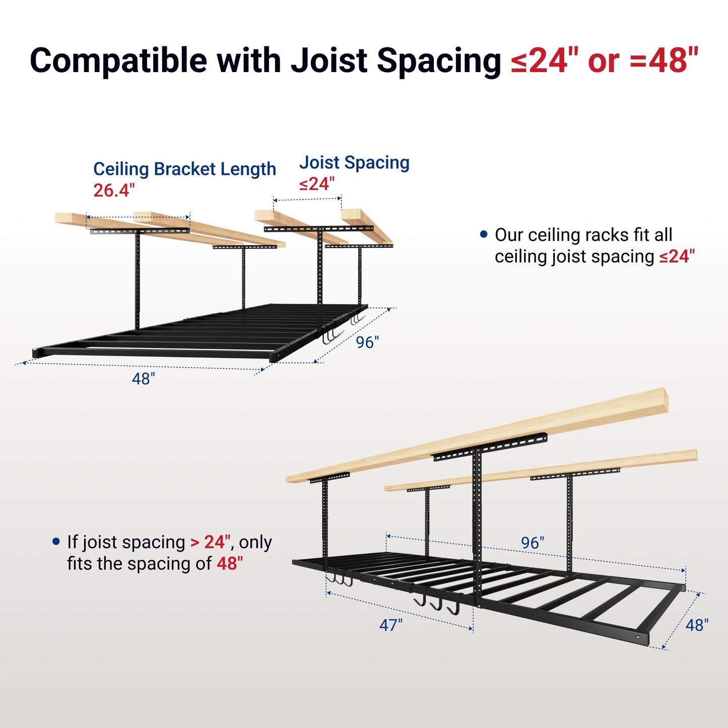 FLEXIMOUNTS 4x8 Overhead Garage Storage Rack with 6 Hooks, Adjustable Storage Organization System, Heavy-Duty Metal Ceiling Racks, 22.6" -39.4" Ceiling Dropdown, Black, Lite Series