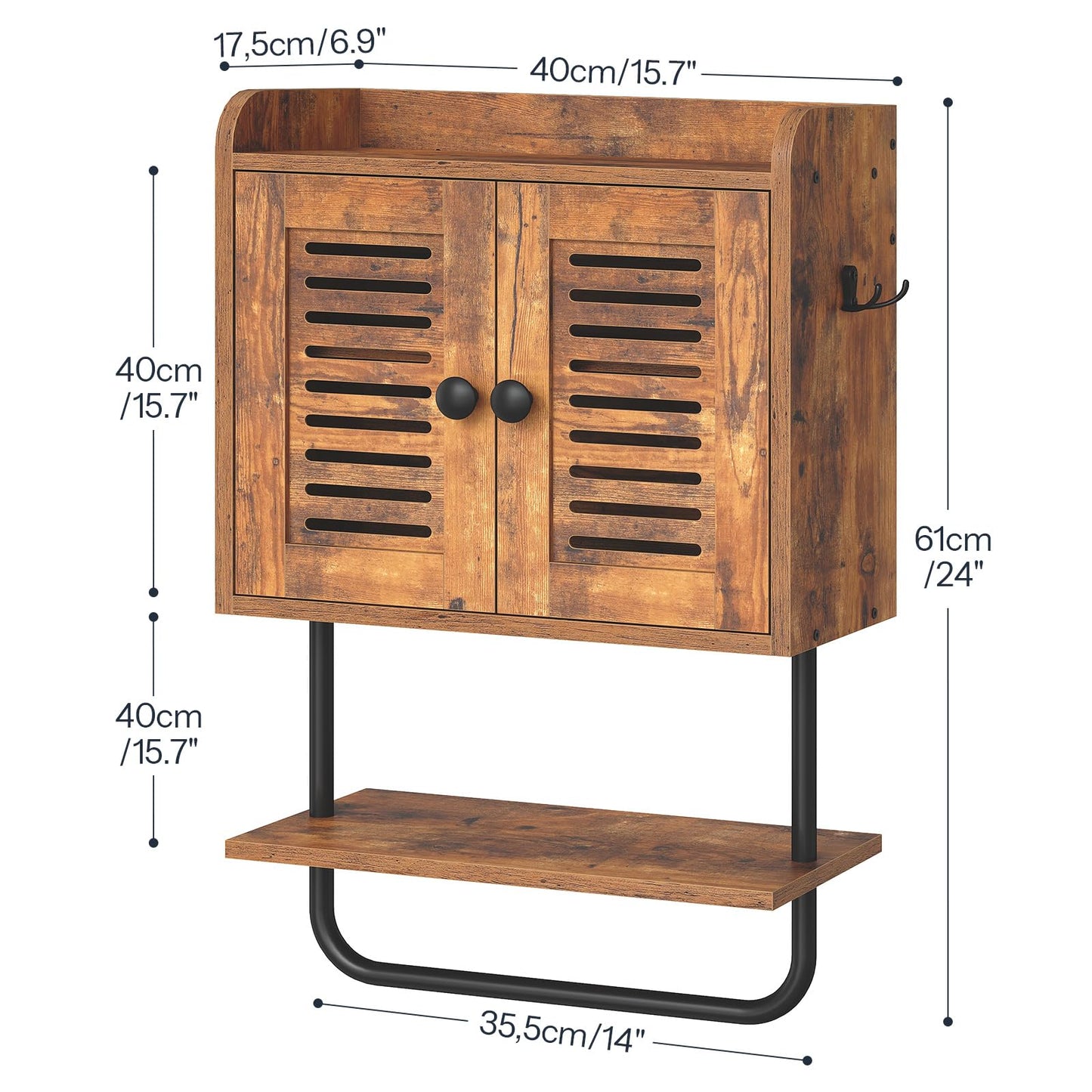 HOOBRO Bathroom Wall Cabinet, Double Doors Medicine Cabinet with Towel Bar, Adjustable Shelf, 2 Hooks, Over The Toilet Storage Cabinet, for Bedroom, Kitchen, Rustic Brown BF46CW01