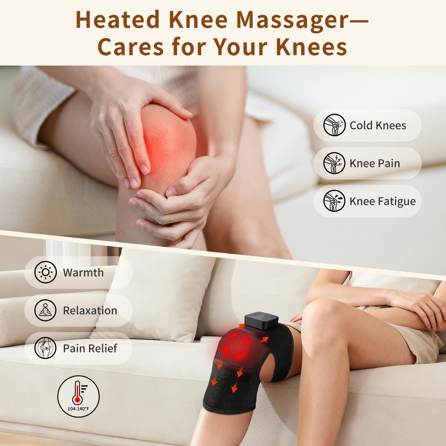 Nekteck Knee Massager with Heat - Cordless Heated Knee Brace with Vibration for Pain Relief, Rechargeable Knee Heating Massager with 5 Heat Levels and 3 Massage Mode (2 Packs)
