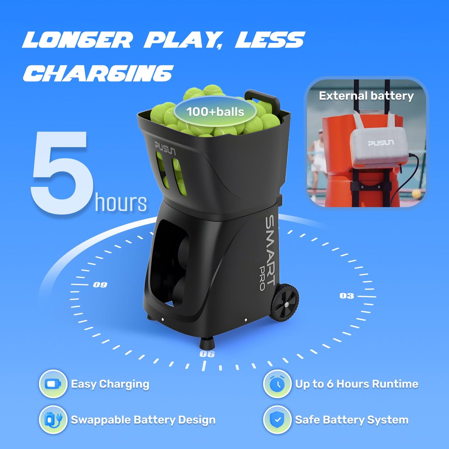 PUSUN｜PT-Smart Pro Internal Oscillation Tennis Ball Machine: App with 12 Built-in Training Modes, 28-Pt Custom Drills,75MPH, 5H,32.6lb Portable for Tennis & Padel,Training, Practice,Beginners to Pros